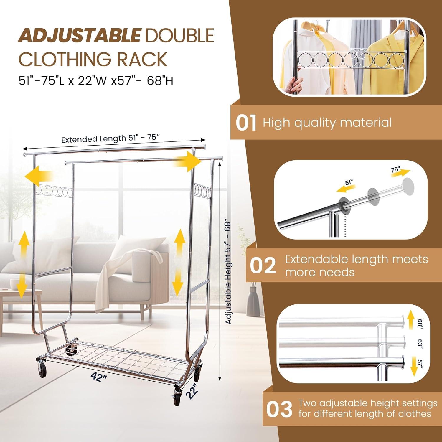 Baokaler Clothes Rack Heavy Duty Holds 600LBS Rolling Clothing Racks for Hanging Clothes Portable Clothes Rack Metal Clothing Rack with Wheels Collapsible & Commercial Garment Rack Heavy Duty