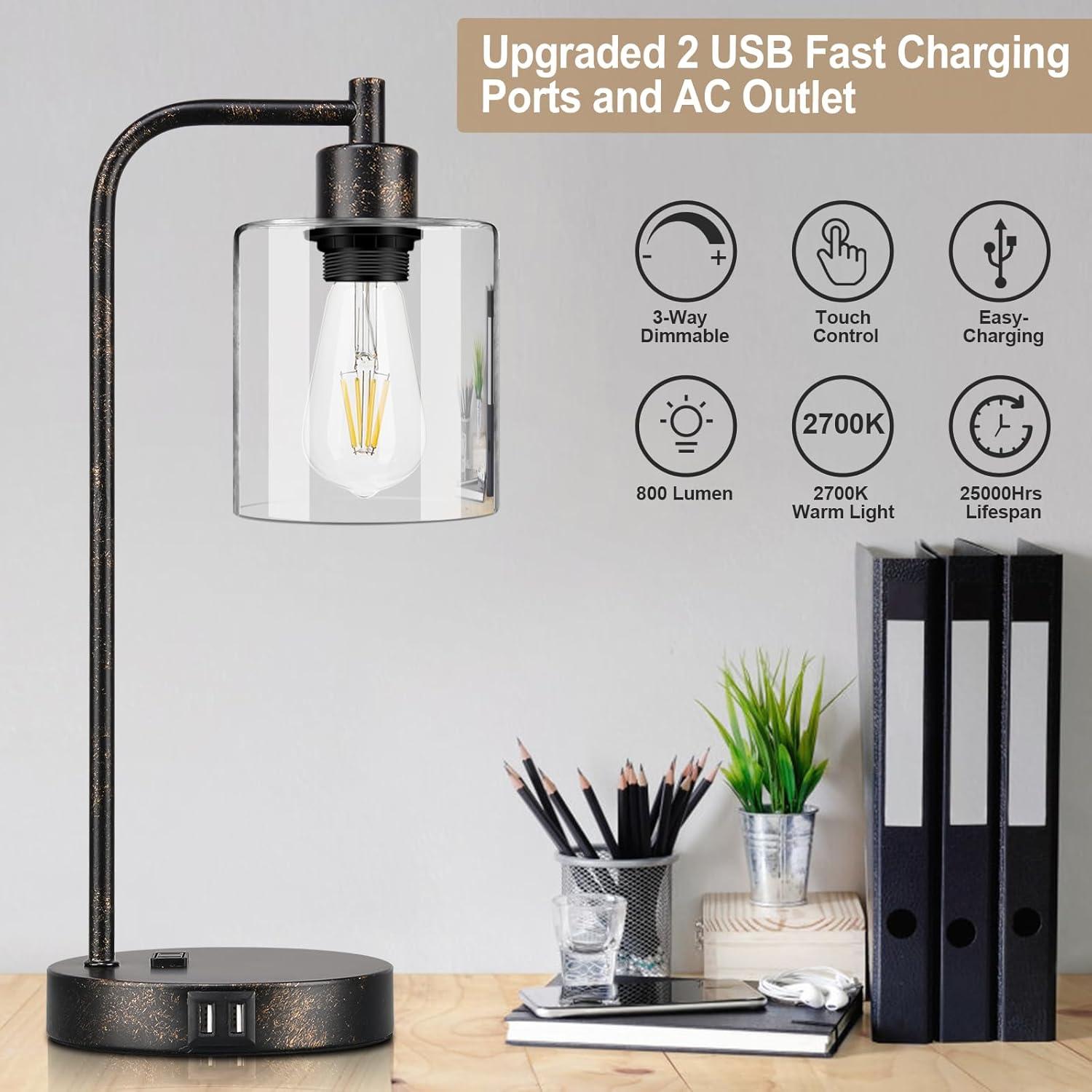 Industrial Nightstand Lamps for Bedrooms Set of 2 - Fully Dimmable Bedside Lamps with USB A C Ports and Outlet, Black Table Lamps with Clear Glass Shade for Living Room, Desk Lamps for Office Reading