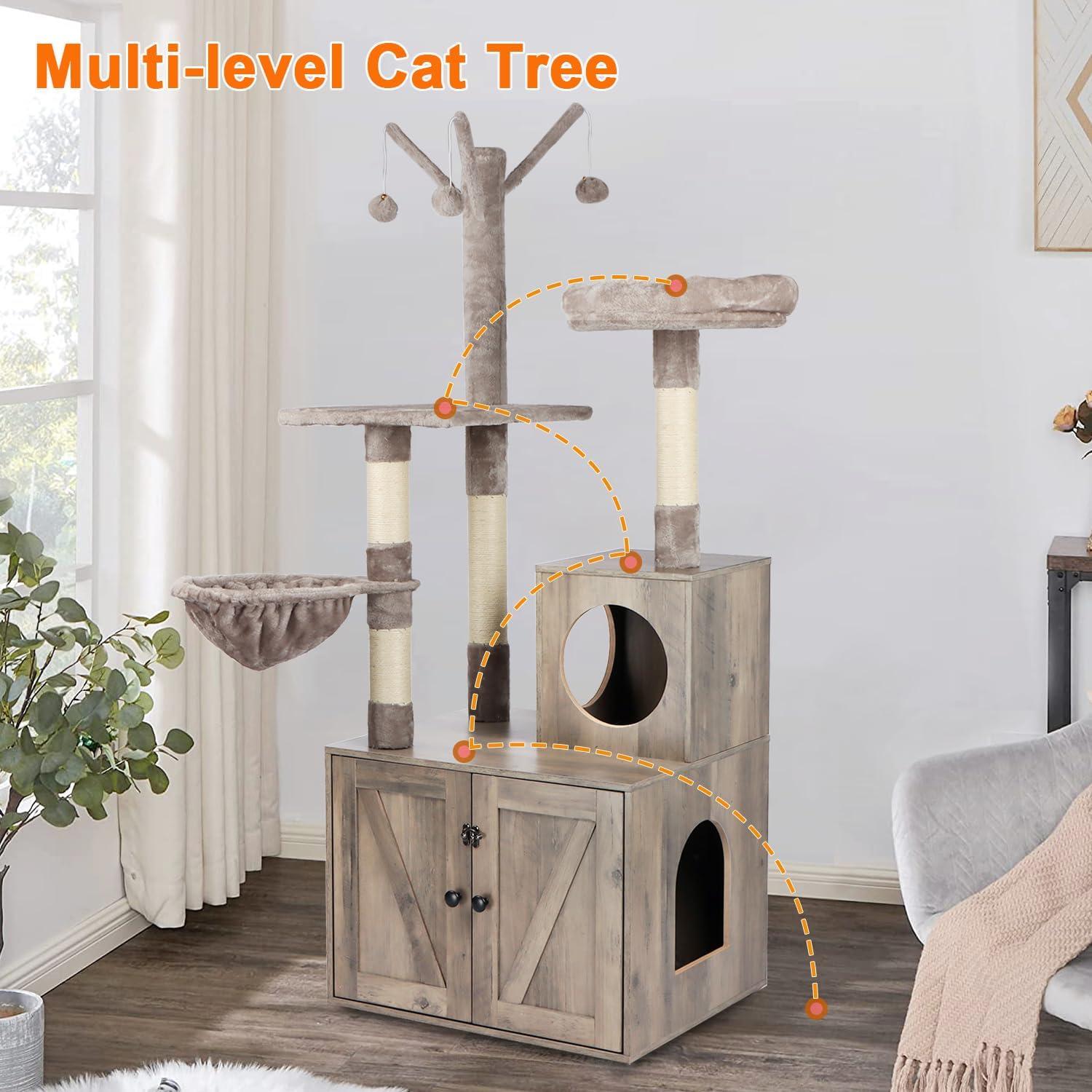 Litter Box Enclosure with Cat Tree, 2-in-1 Cat Tree Tower, Hidden Cat Litter Box Furniture with Scratching Post, Modern Cat Condo, Grey