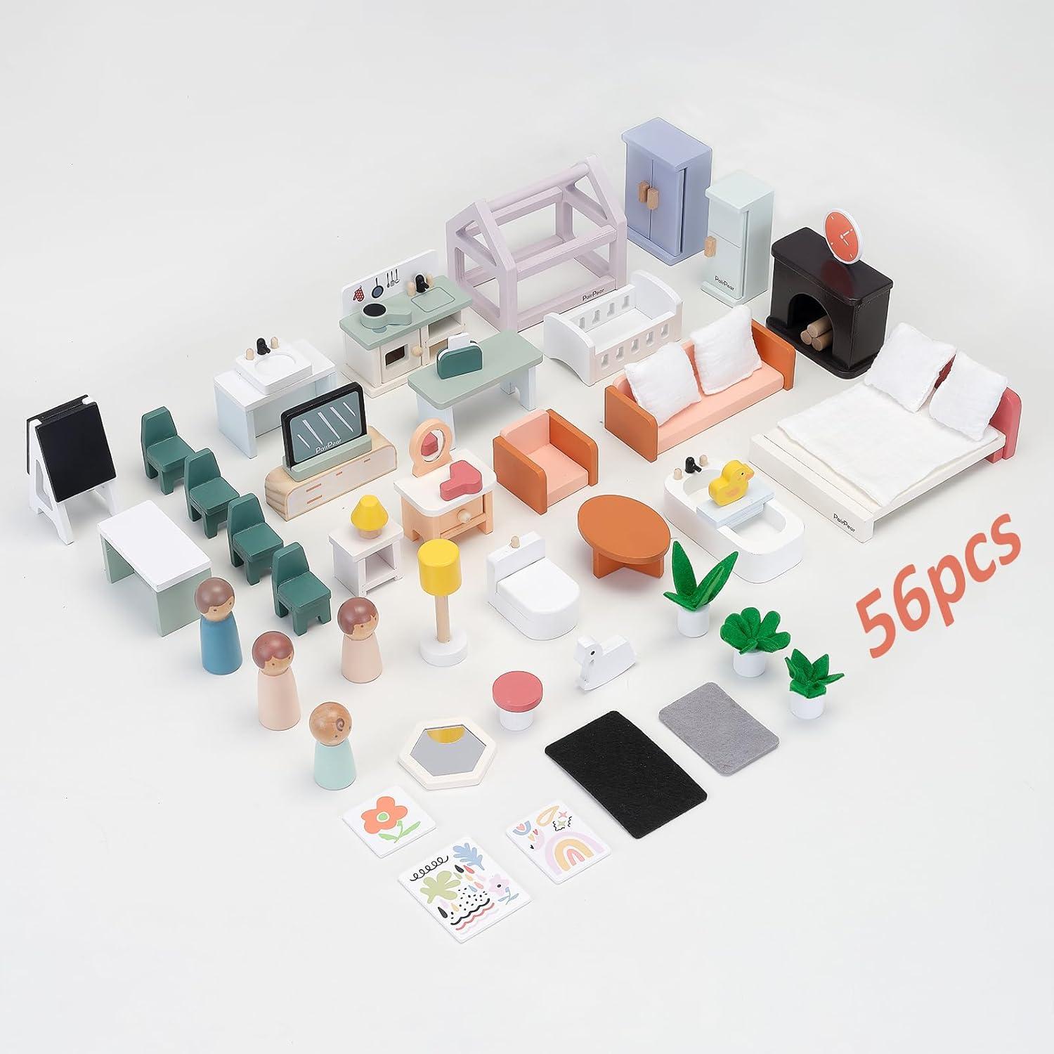 PairPear Wooden Dollhouse Furniture Set,56 Pieces Doll Furnitures with 5 Room Kits Play Fingers,Doll House Miniature Furniture Pretend Play Toys Gift for Toddler Boys and Girls 3Y+