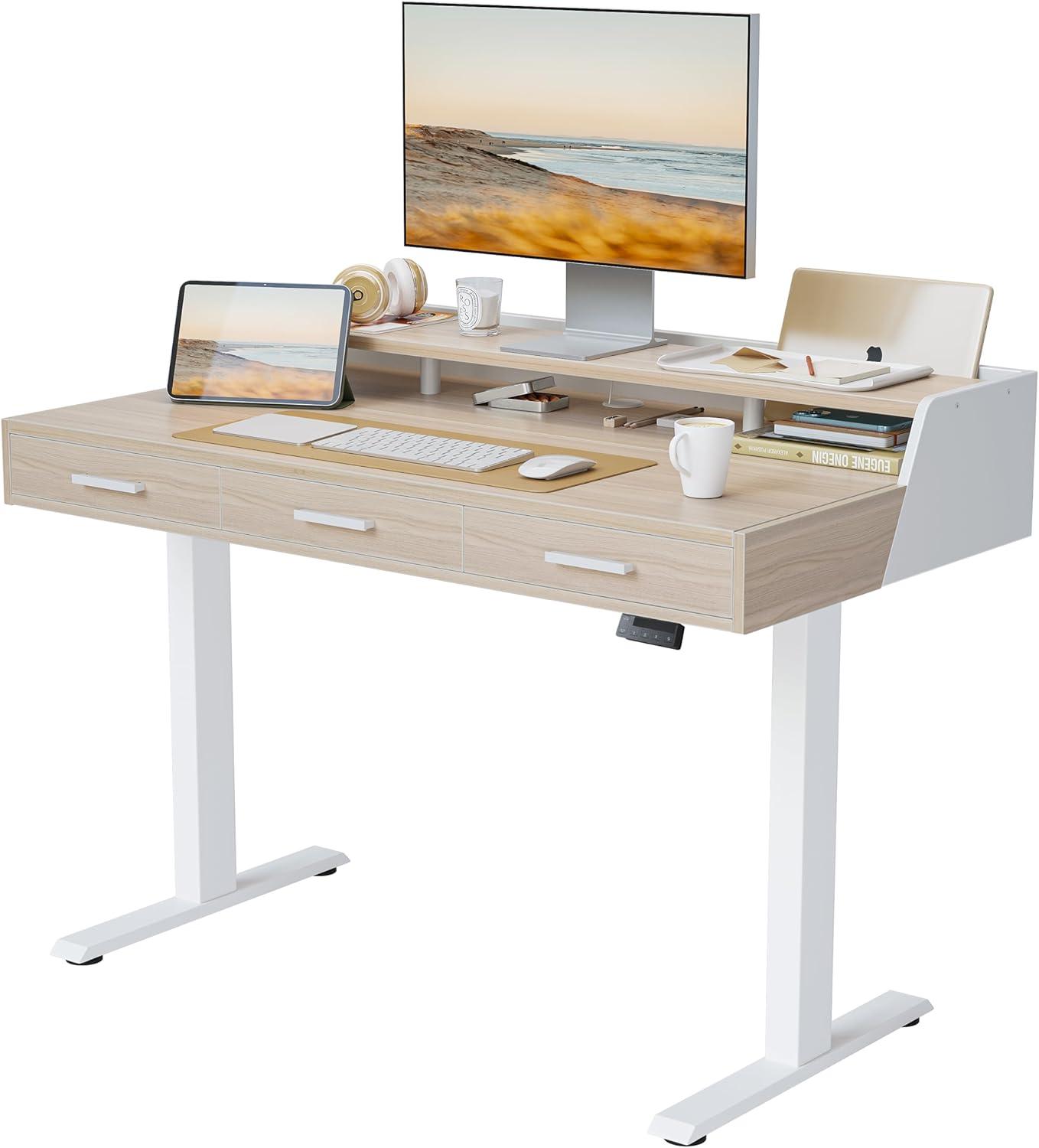 Agilestic Adjustable Height Electric Standing Desk with Storage Wooden Drawer, 55 x 24 Inches Stand Up Home Office Computer Gaming Table for Work Office Home, Rustic Brown