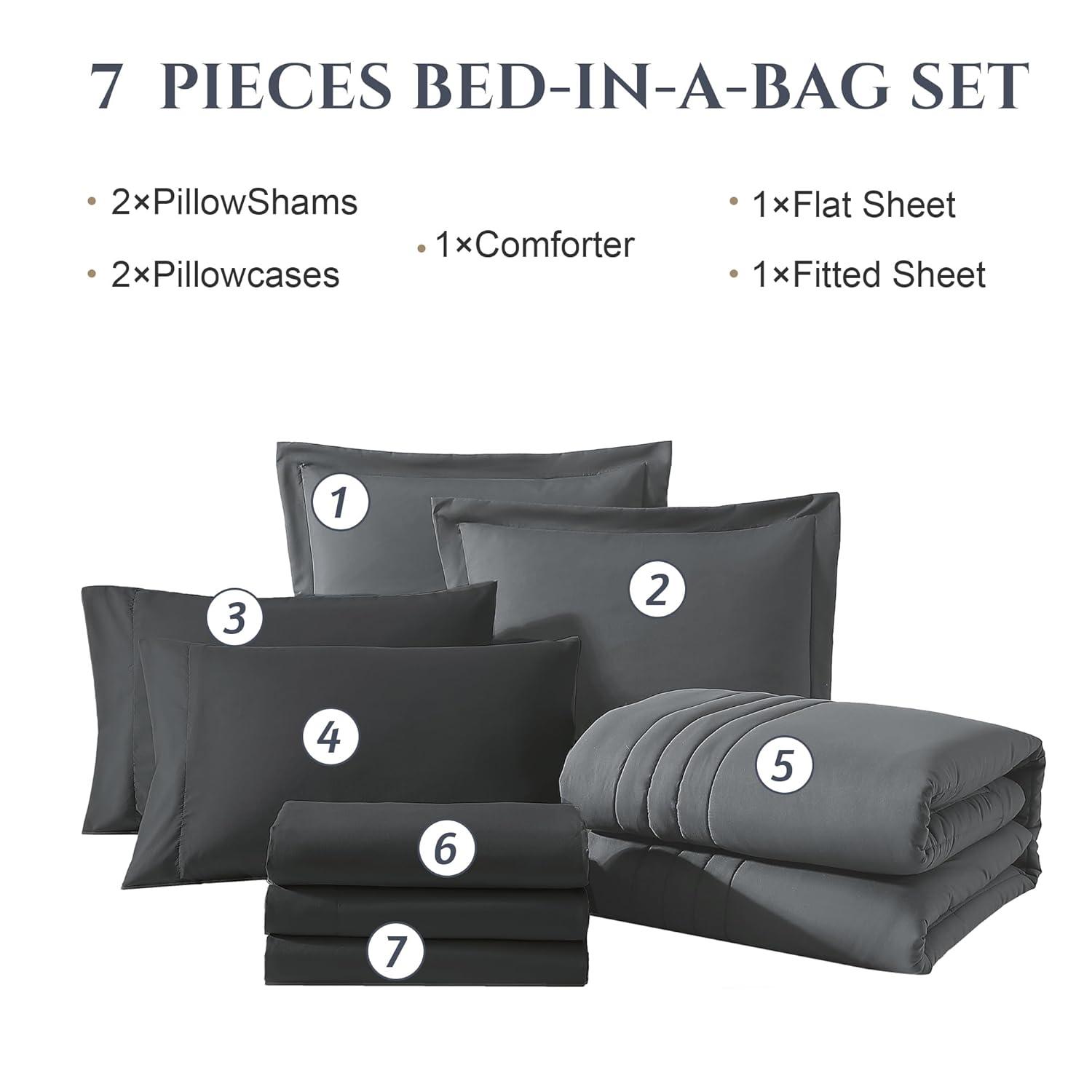 Monbix Queen Comforter Set - 7 Pieces Grey Bed in a Bag Queen Bedding Sets with Comforters, All Seasons Down Alternative Comforter Bed Set with Sheets,Pillowcases & Shams