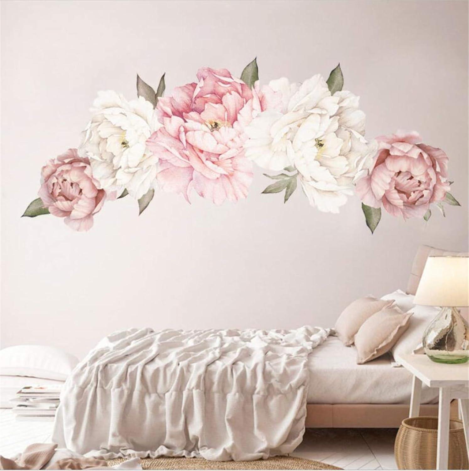 Peony Flowers Wall Sticker Waterproof PVC Peony Rose Flowers Wall Decals Removable Floral Wall Decor Sticker for Living Room Bedroom Nursery Room