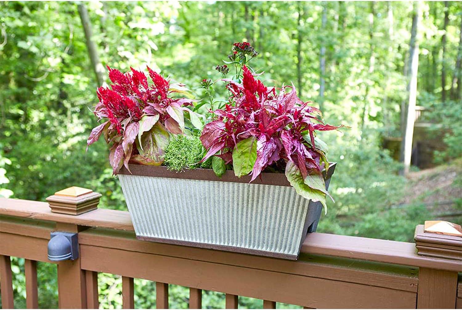 Southern Patio 24 Inch Westlake Outdoor Deck Rail Textured Resin Garden Flower Herb Planter w/ UV Protectors, Rustic Galvanized (2 Pack)