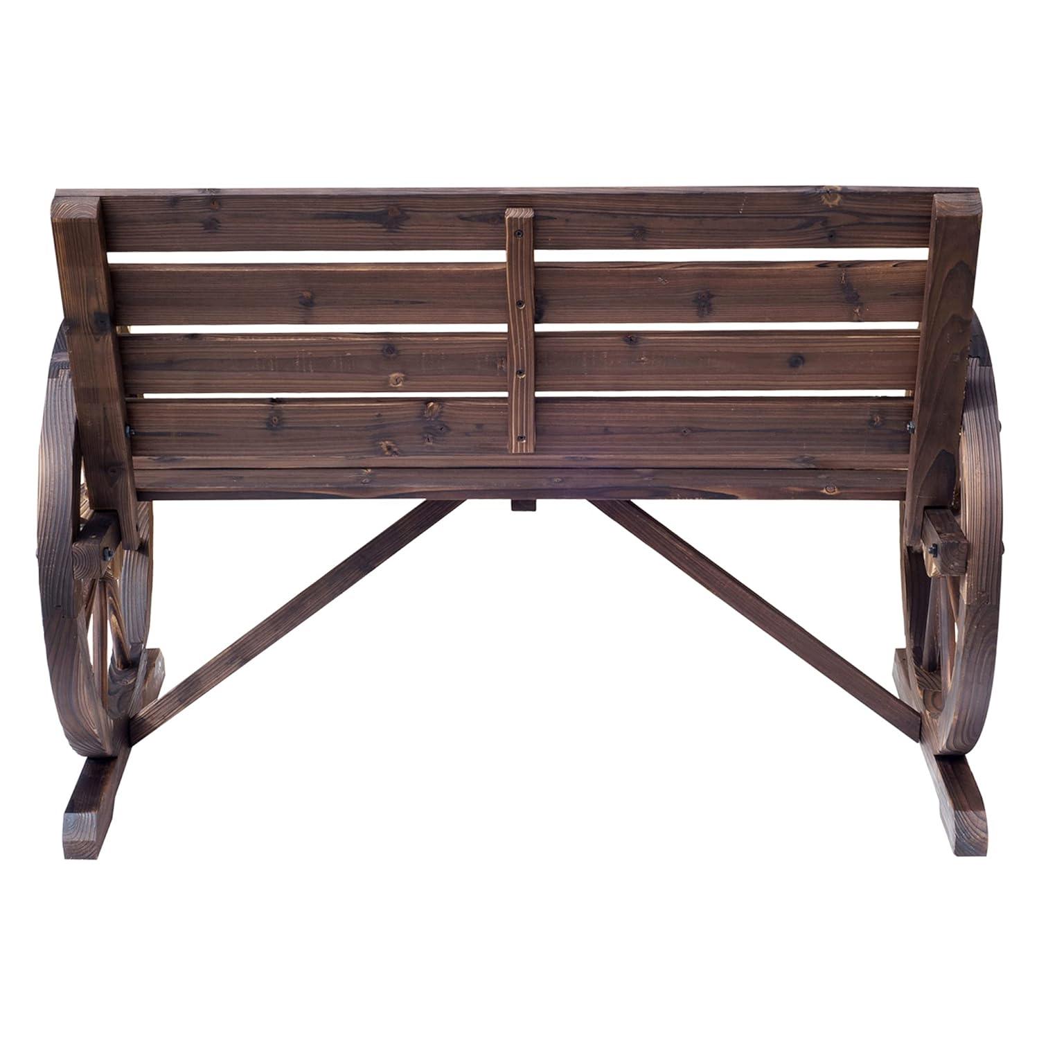 Outsunny Wooden Wagon Wheel Bench Rustic Outdoor Patio Furniture, 2-Person Seat Bench with Backrest Carbonized
