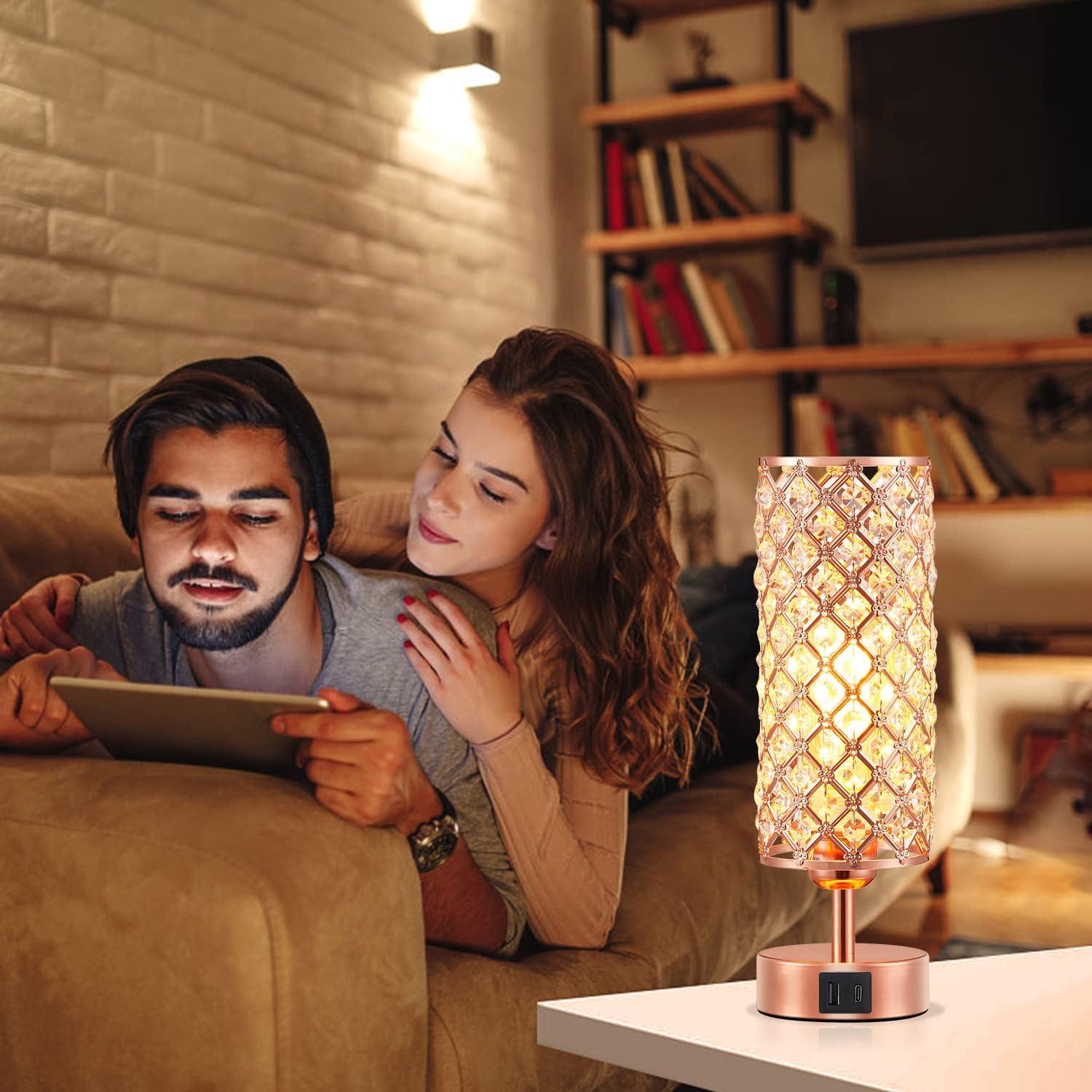 Rose Gold Crystal Touch Table Lamp with USB Ports