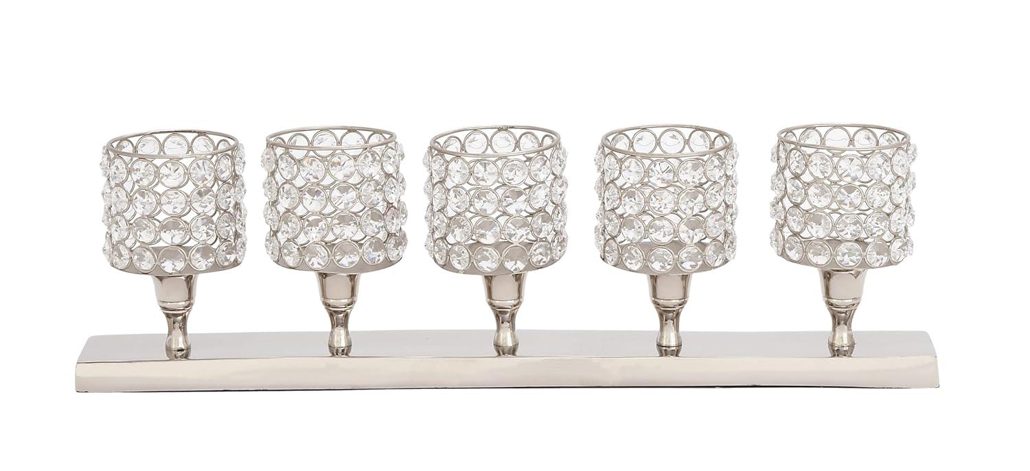 House of Hampton® Aluminum Metal Pillar 5 Crystal Sleeve Decorative Silver Candelabra