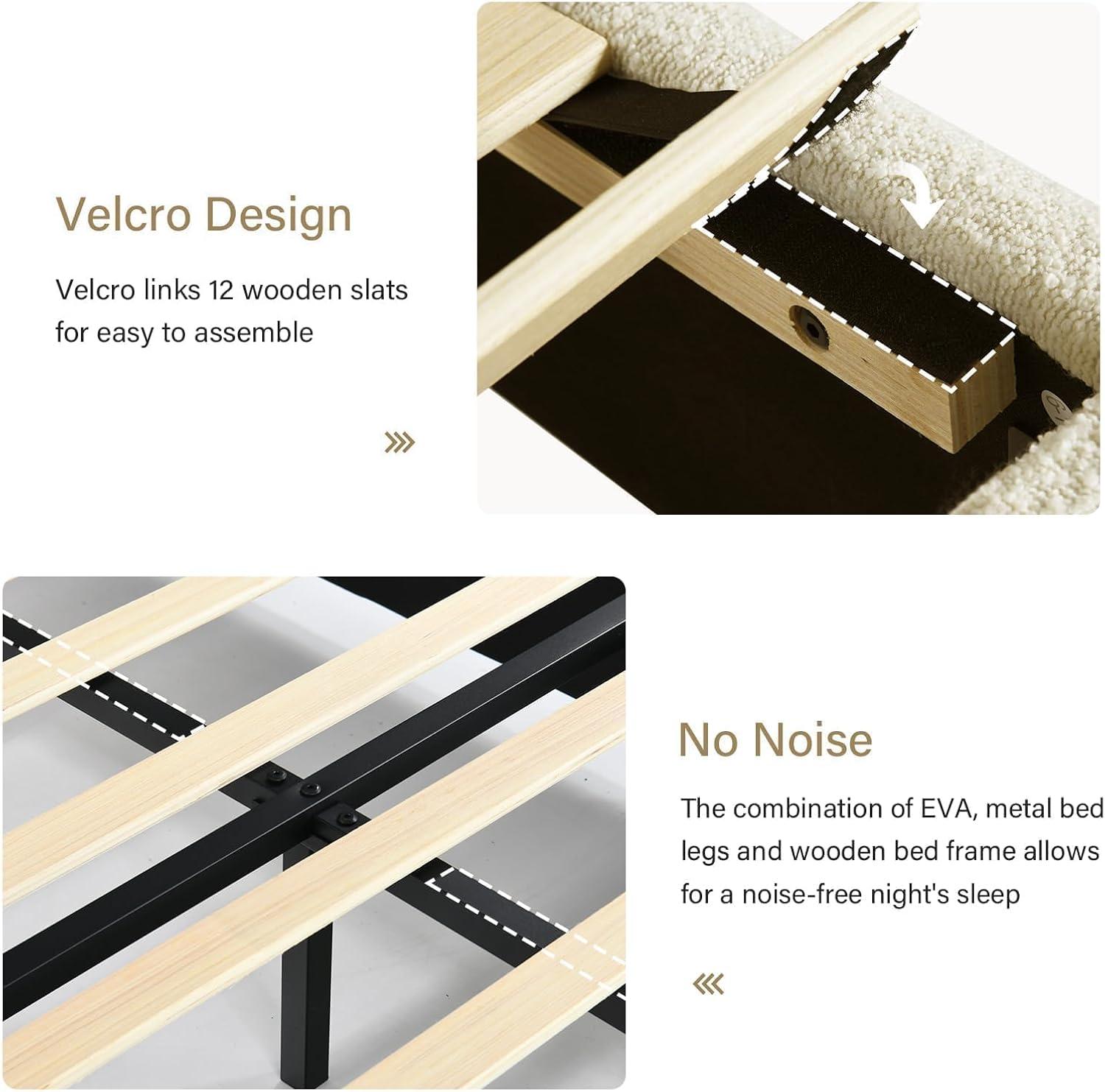 Manfred Boucle Upholstered Cloud Bed Frame with Rounded Corners Headboard, Soft Platform Bed Frame with Thickened Footboard