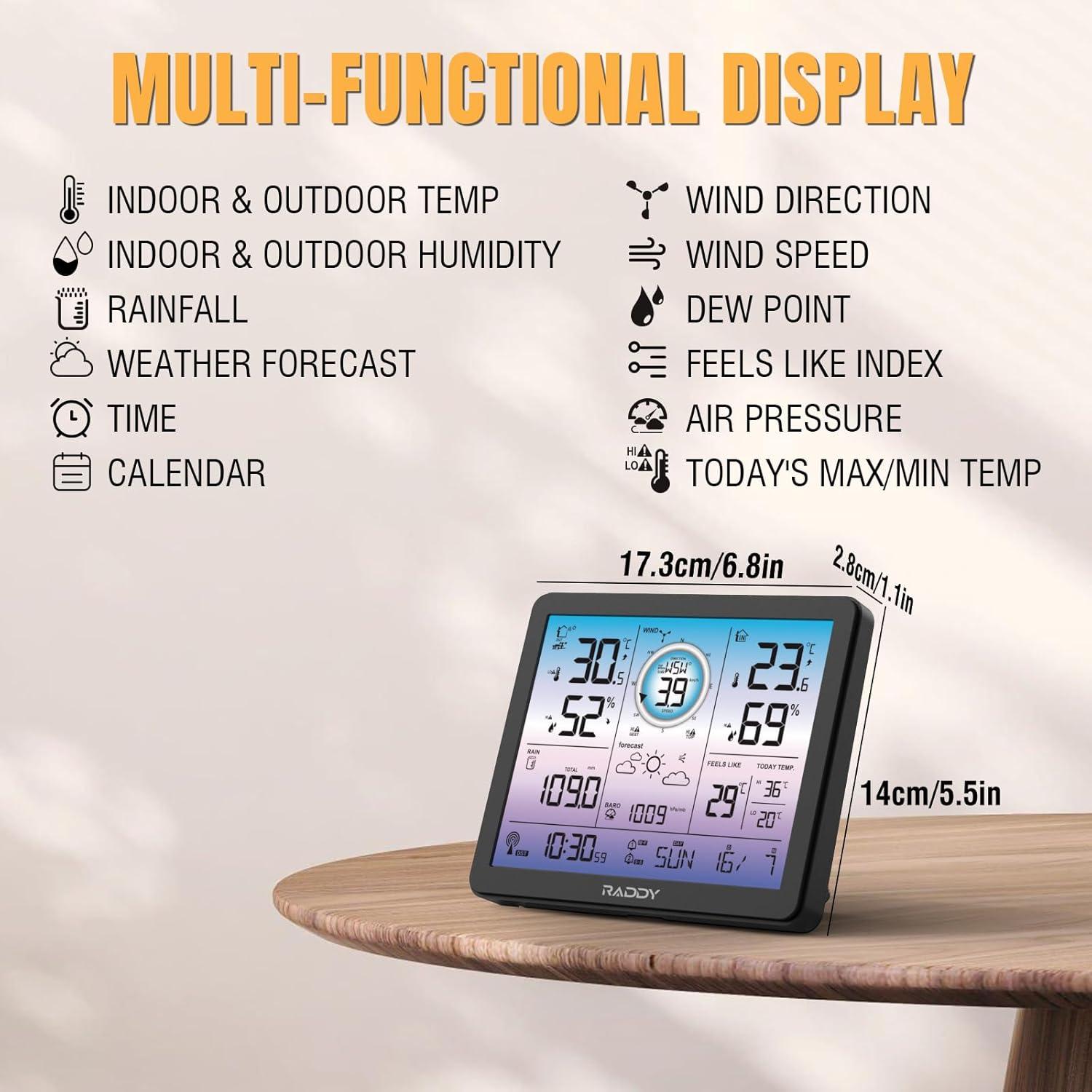 Raddy VP7 Weather Station | Wireless Indoor Outdoor Thermometer | 7.4'' Digital Color Display with Atomic Weather Clock | Temperature Humidity Monitor with Weather Forecast and Barometric Pressure