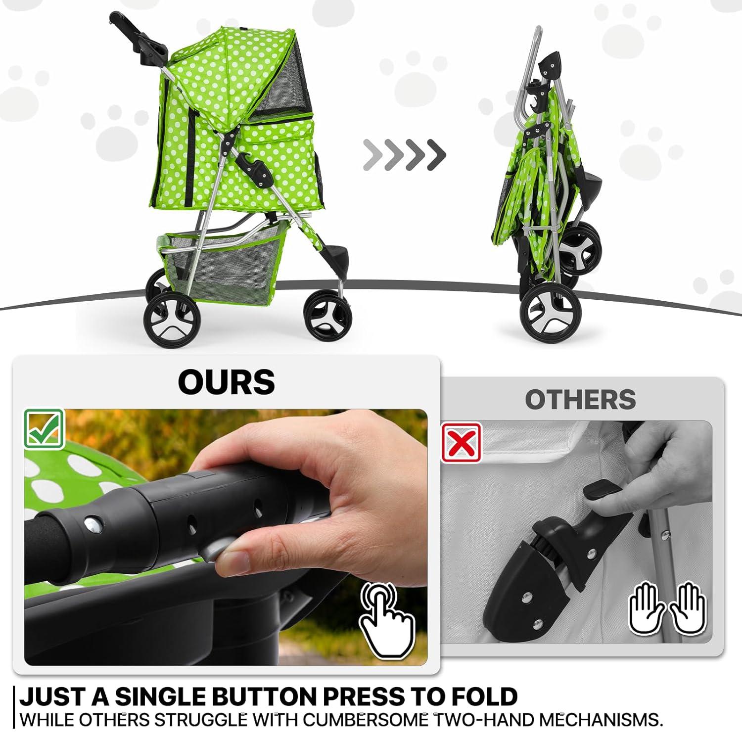 MoNiBloom 3 Wheel Folding Pet Dog Stroller, Foldable Lightweight Trolley with Storage Basket, Cup Holder and 360° Rotating Front Wheel for Small Medium Dogs, Lawn Green with White Polka Dots