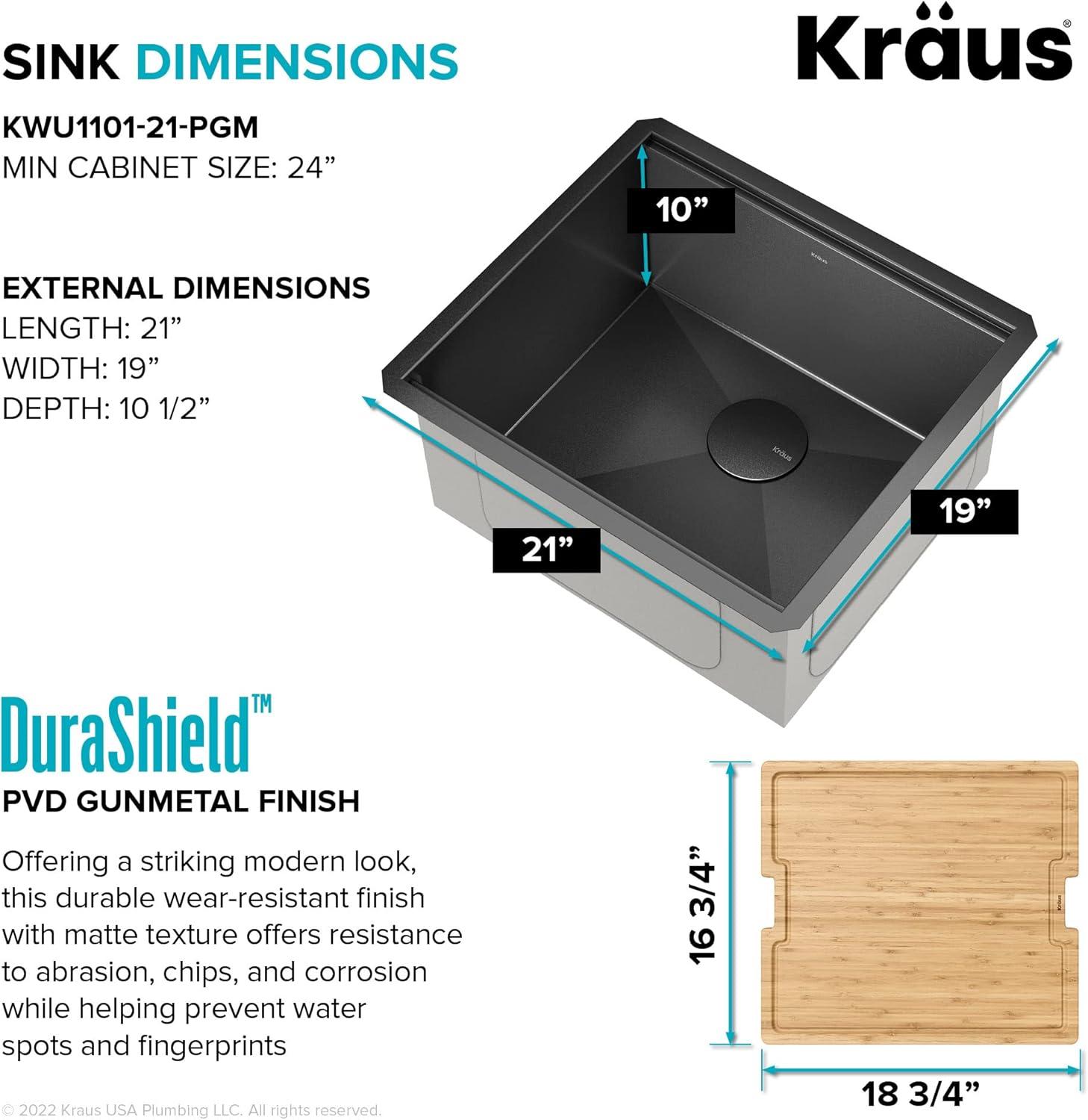 KRAUS Kore 21 Undermount Workstation 16 Gauge Black Stainless Steel Single Bowl Kitchen Sink in PVD Gunmetal Finish with Accessories