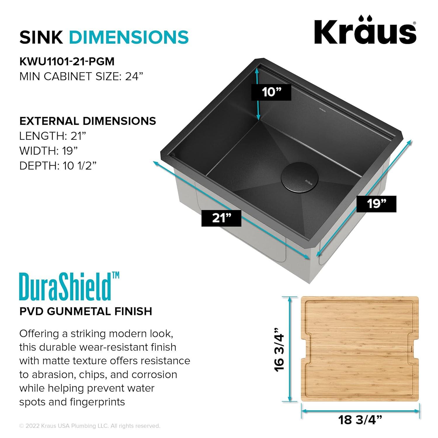 KRAUS Kore 21 Undermount Workstation 16 Gauge Black Stainless Steel Single Bowl Kitchen Sink in PVD Gunmetal Finish with Accessories