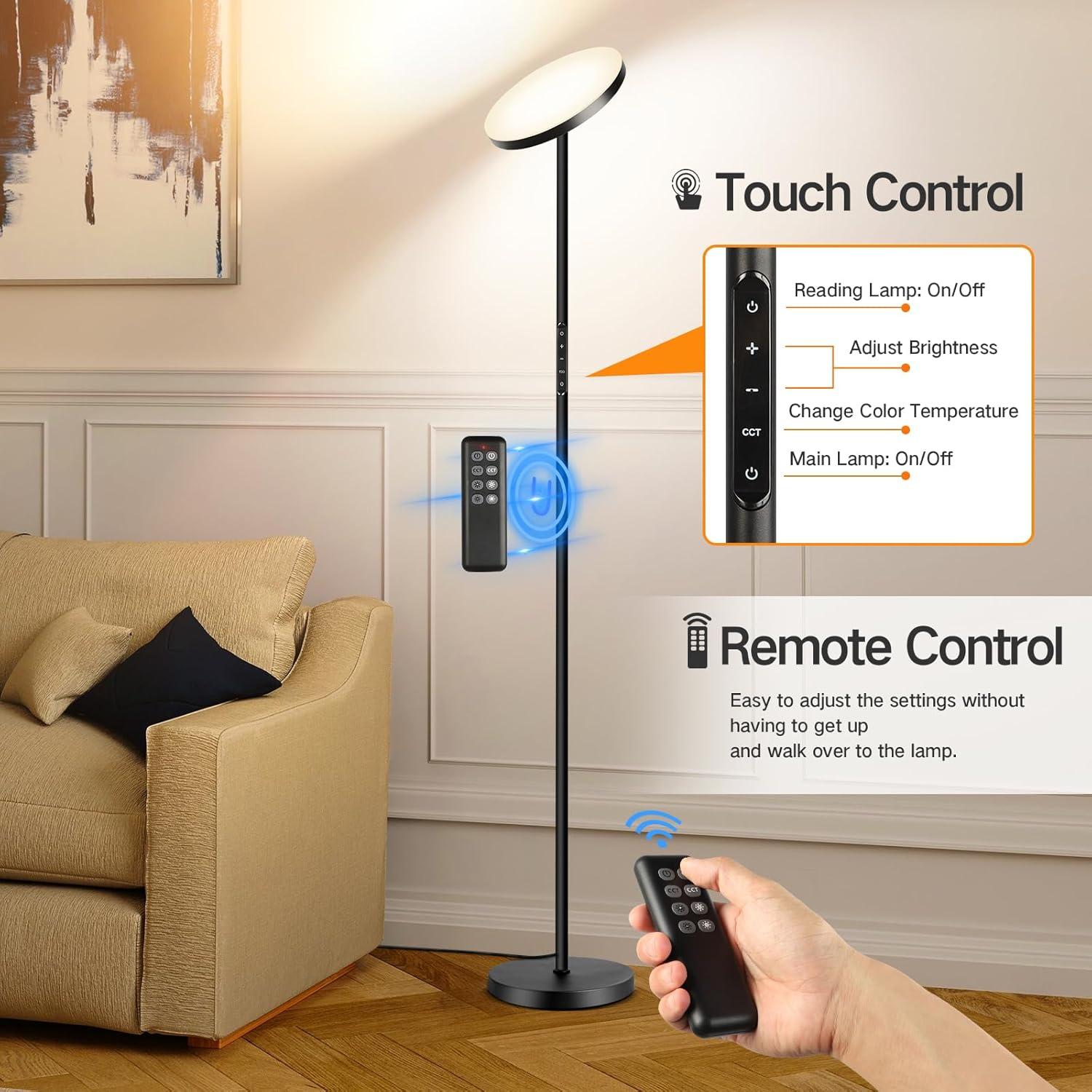 Black Adjustable LED Torchiere Floor Lamp with Remote Control