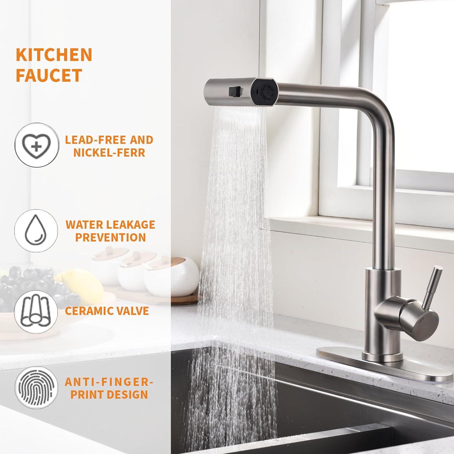 Luxury Waterfall Kitchen Faucet - Brushed Nickel Single Hole Sink Faucet with 3-Mode Pull-Out Sprayer, 360° Swivel, SUS304 Stainless Steel, High Arc, Easy Installation, Durable and Corrosion-Resistant