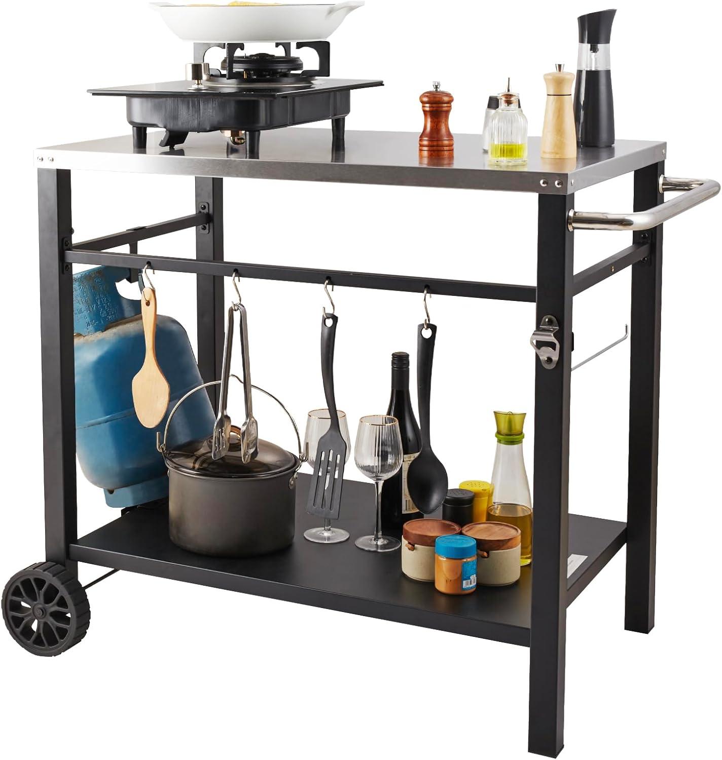 VEVOR Outdoor Grill Dining Cart with Double-Shelf, BBQ Movable Food Prep Table, Multifunctional Foldable Iron Table Top, Portable Modular Carts
