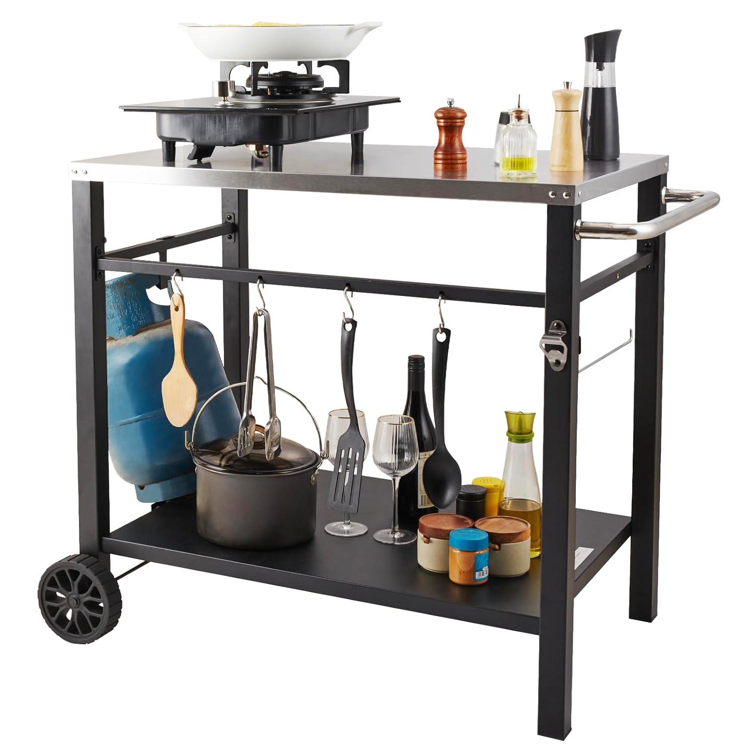 VEVOR Outdoor Grill Dining Cart with Double-Shelf, BBQ Movable Food Prep Table, Multifunctional Foldable Iron Table Top, Portable Modular Carts