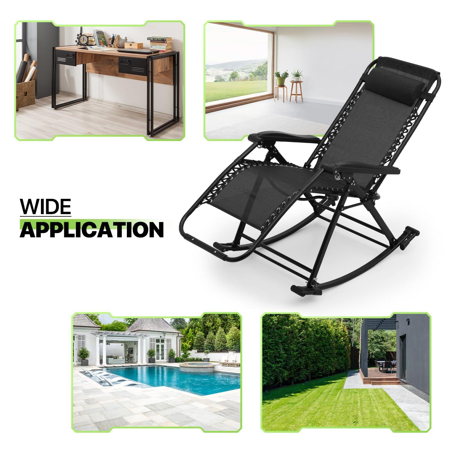 Magshion Set of 2 Zero Gravity Lounge Chairs, Adjustable Rocking Chairs with Pillow, Outdoor Beach Portable Foldable Recliner, Folding Lounge Rocker, Black