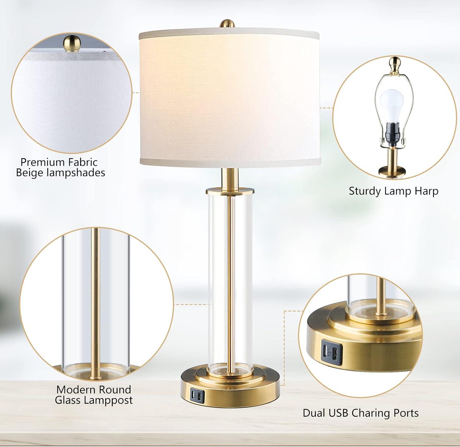 Table Lamps for Living Room,Touch Control Gold Lamps for Bedrooms Set of 2,Modern Bedside Table Lamp with Dual USB Ports,Tall Nightstand lamp with Whites Lampshades (2 Bulbs Included)