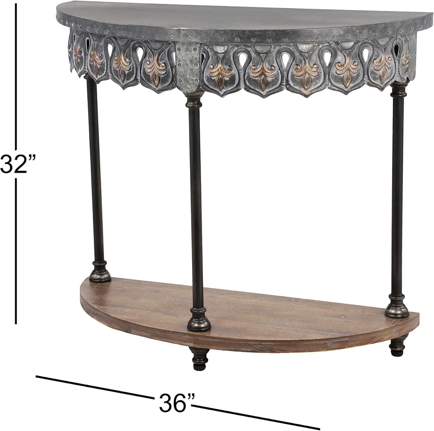 Gray Metal and Wood Demilune Console Table with Storage