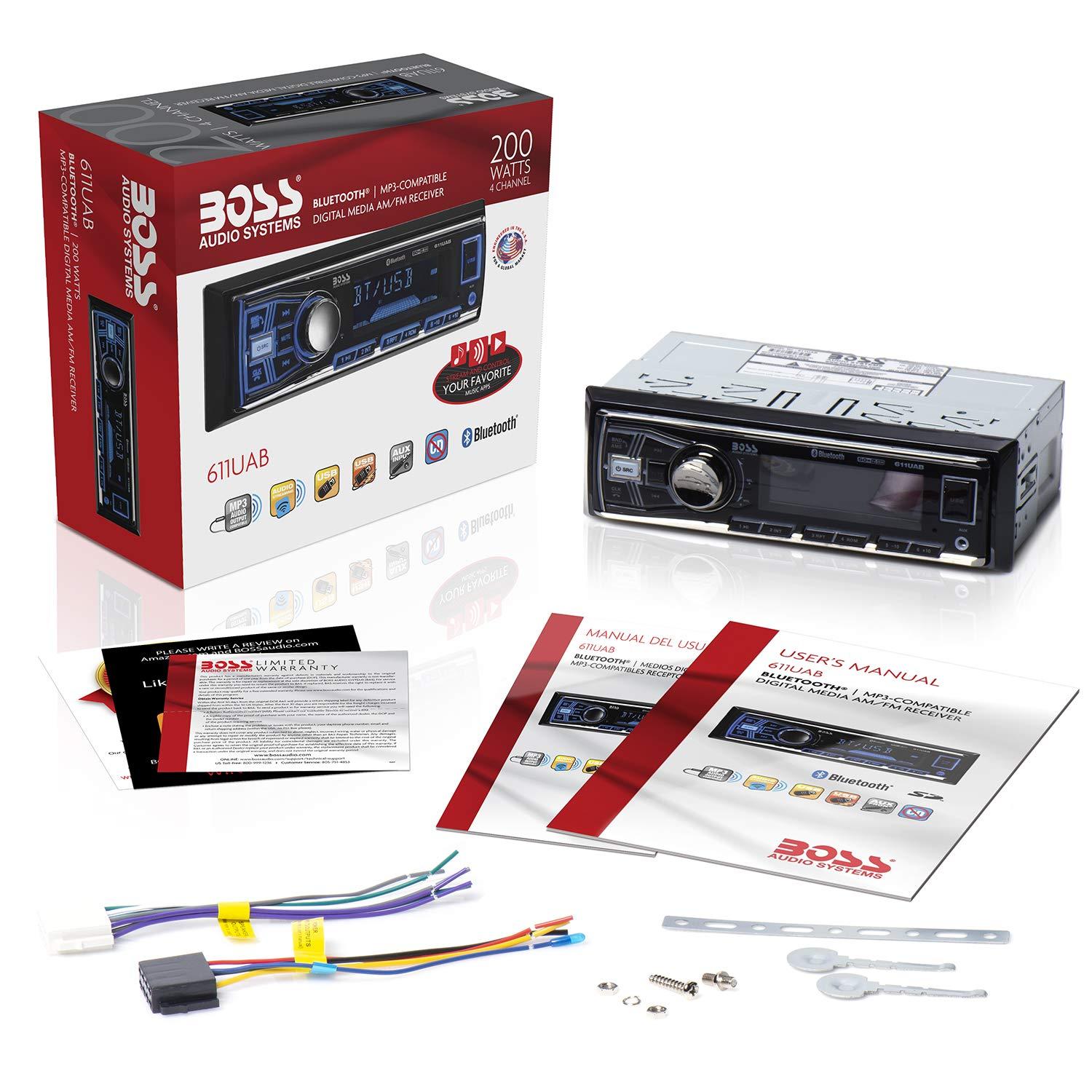 BOSS Audio Systems 611UAB Car Stereo - Single Din, Bluetooth, No CD DVD Player, AM/FM Radio Receiver, Aux Input, USB