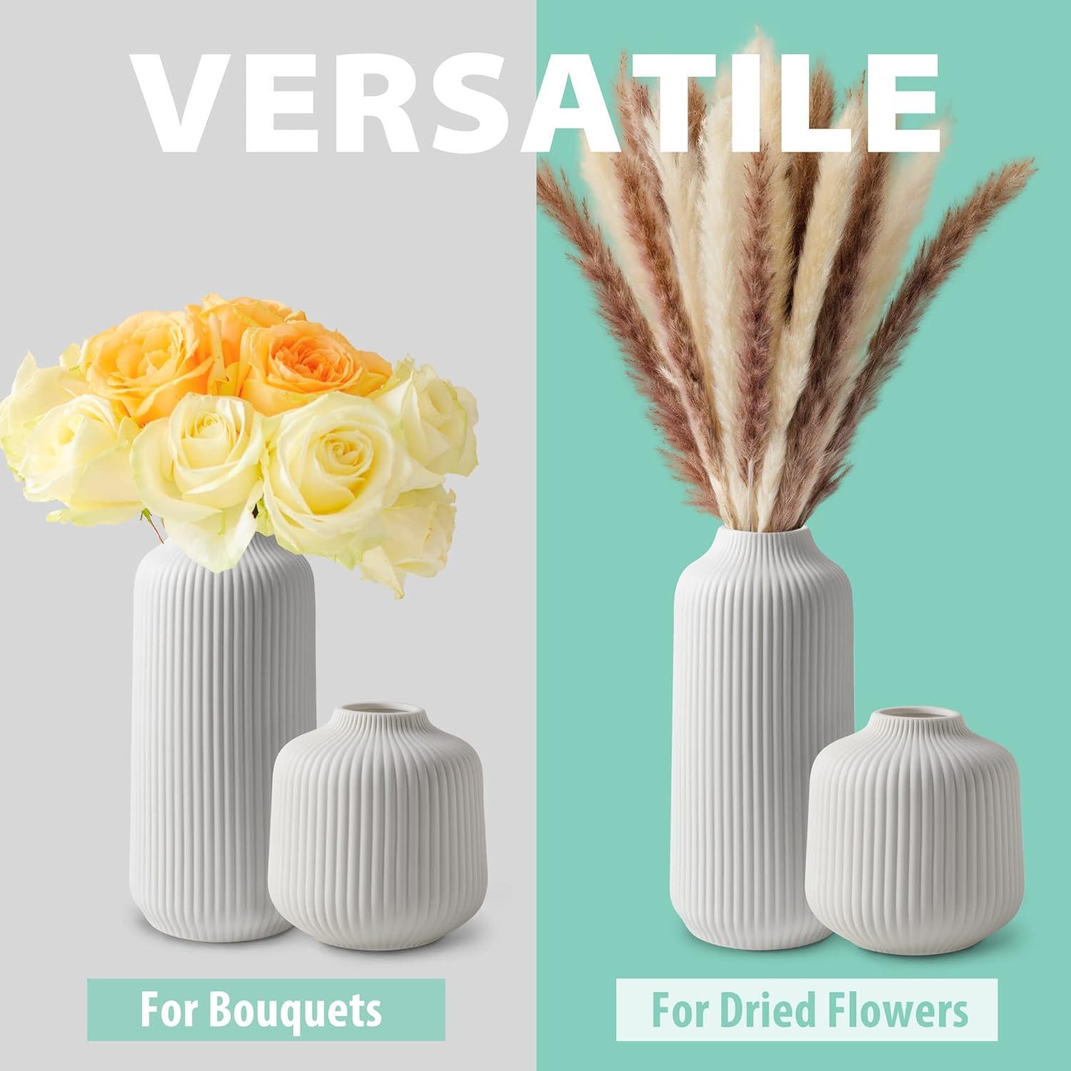 White Ceramic Grooved Cylinder Vases Set of 2