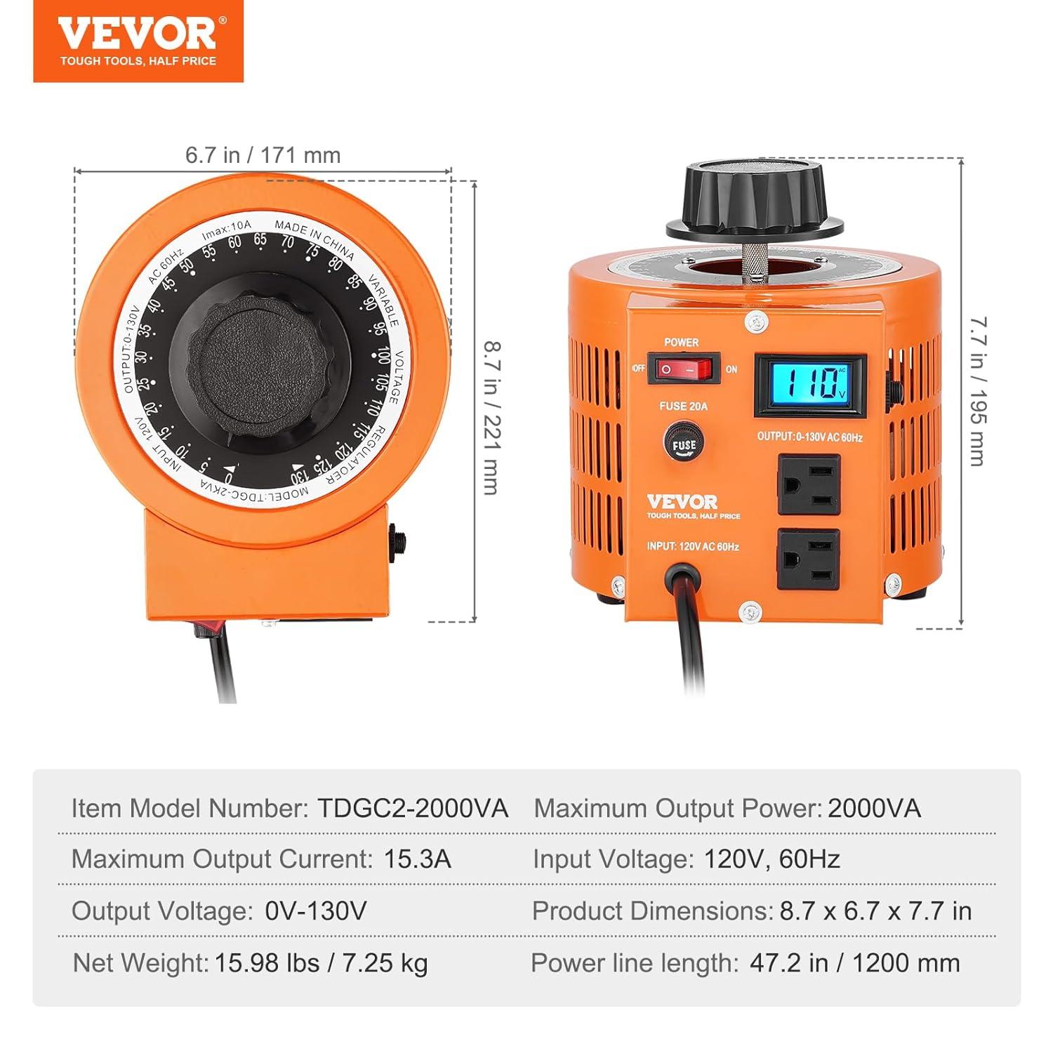 VEVOR VEVOR 500VA Auto Variable Voltage Transformer, 15.3 Amp, 110V Input 0-130V Output AC Voltag KBBYQZZBS5002NBX7V1