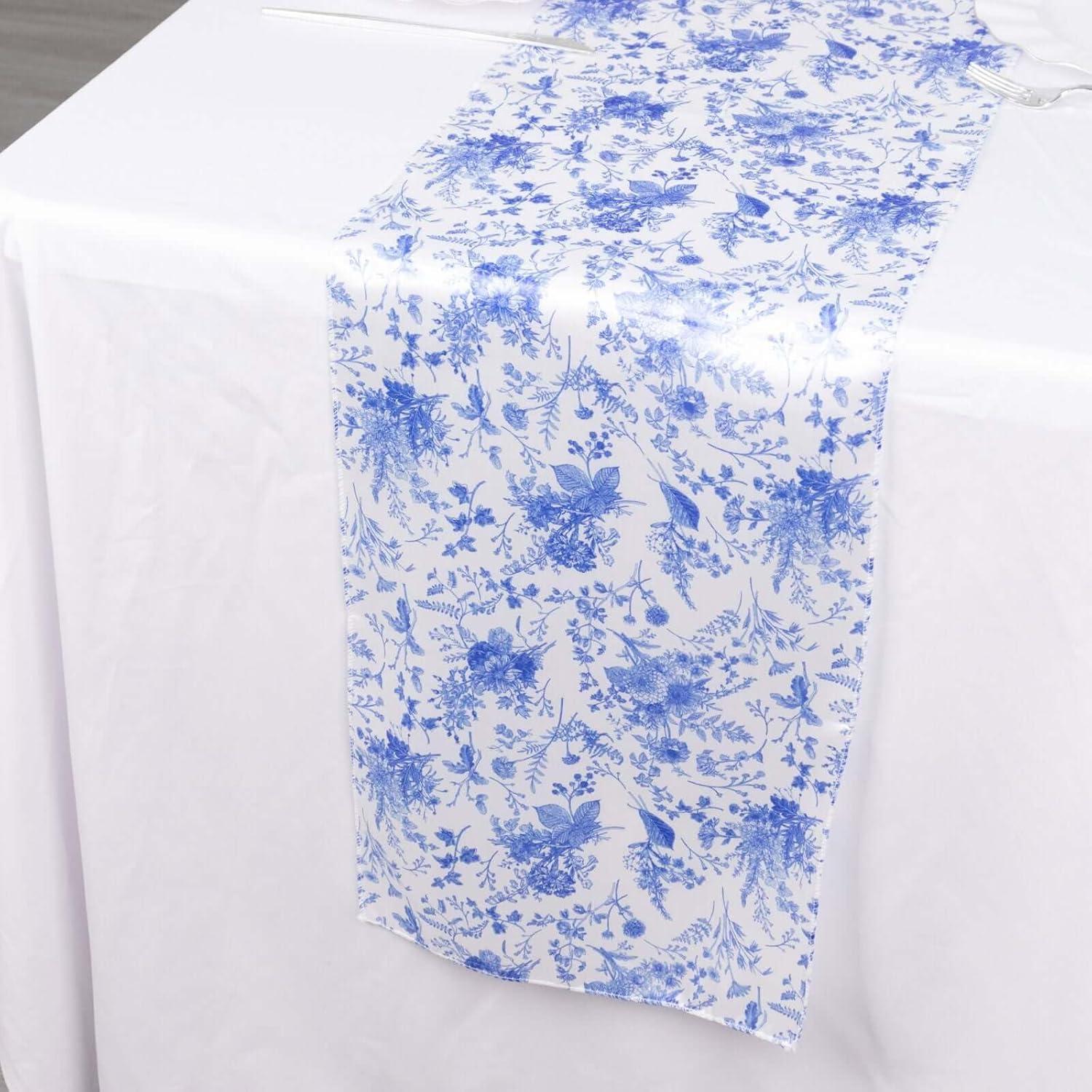 Efavormart 12"x108" White Blue Chinoiserie Floral Print Satin Table Runner