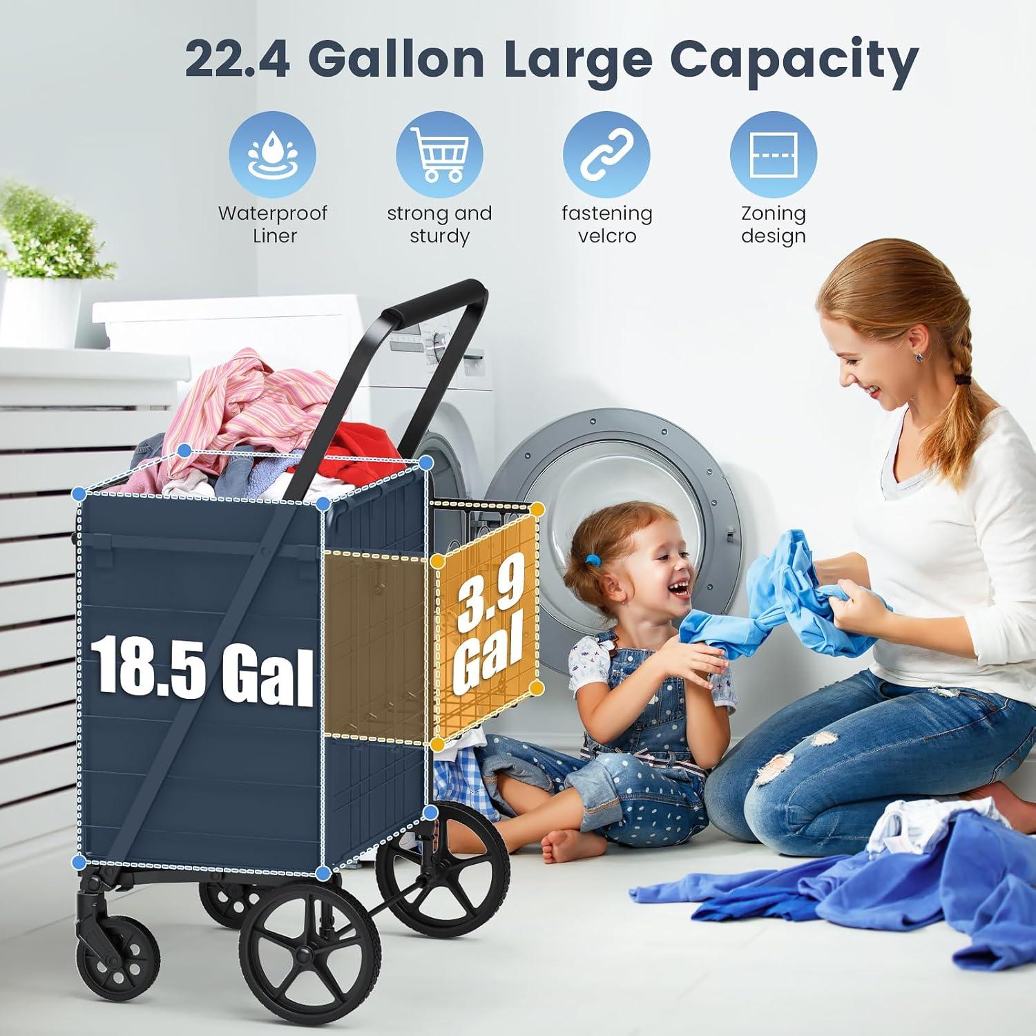 Exlonjet Folding Shopping Grocery Cart Metal Rolling Cart with Double Basket Non-Slip Handle and Swivel Wheels, Light Weight Utility Cart for Laundry Book Luggage Travel