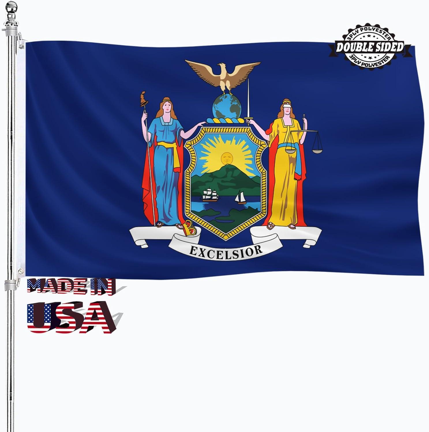 New York State Flag Double Sided 3x5 ft, Heavy Duty 3 Ply Durable Polyester, NY Flag with Vibrant Print/4 Rows Hemming/Brass Grommets