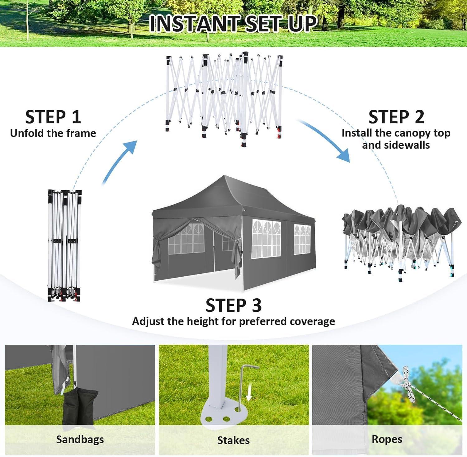 Topbuy 10 x 20FT Pop up Canopy with 6 Sidewalls Outdoor Canopy Tent with Zippered Entrances Windows Grey