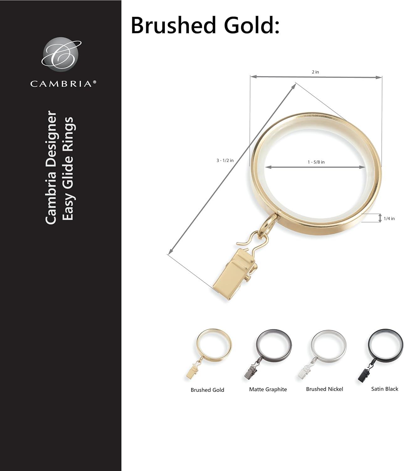 Brushed Gold 2-Inch Metal Curtain Rings with Clips, Set of 18