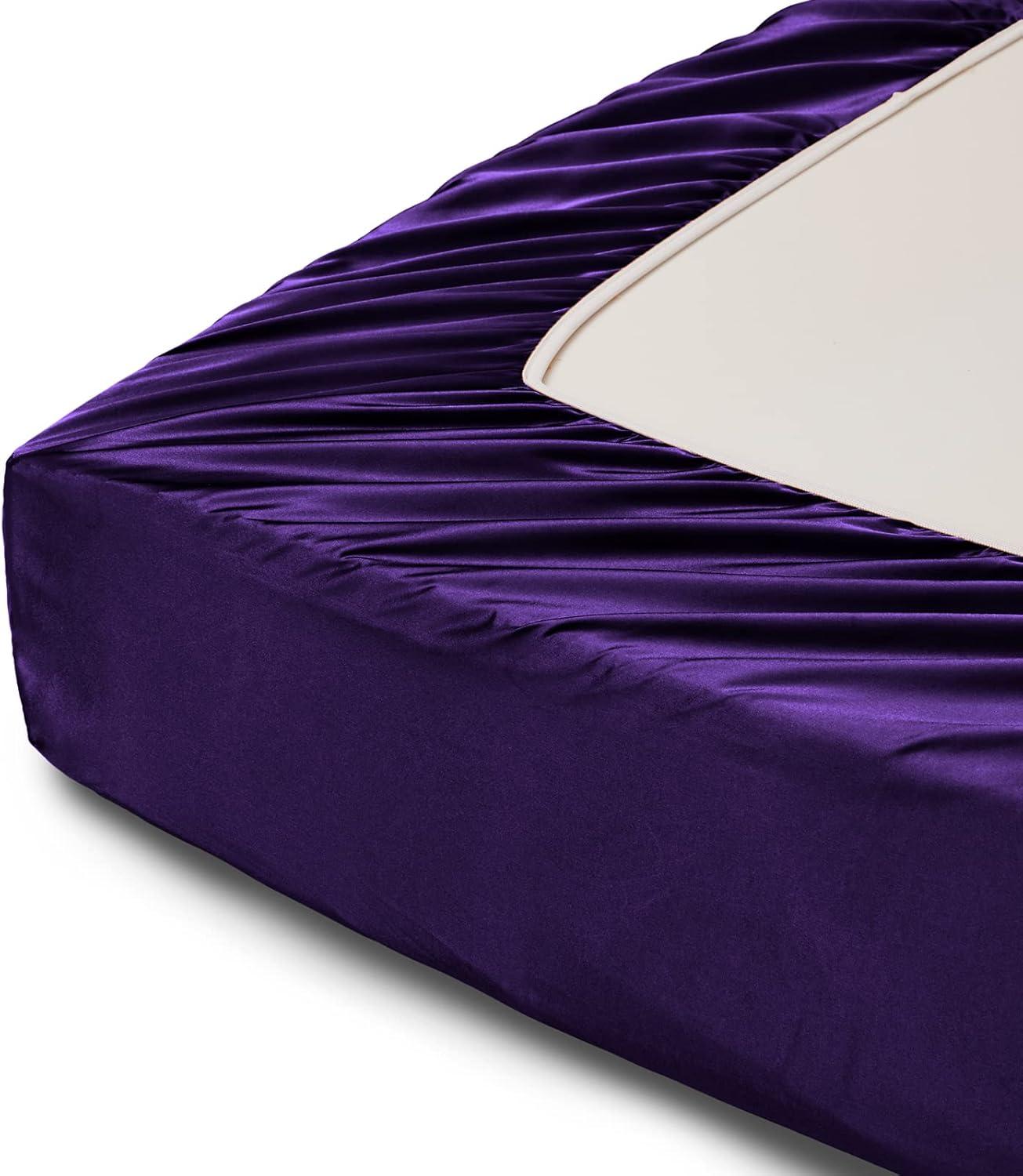 Hight Thread Count Solid Color Soft Silky Charmeuse Satin Luxury and Super Soft Bed Sheet Set (Purple, Queen)