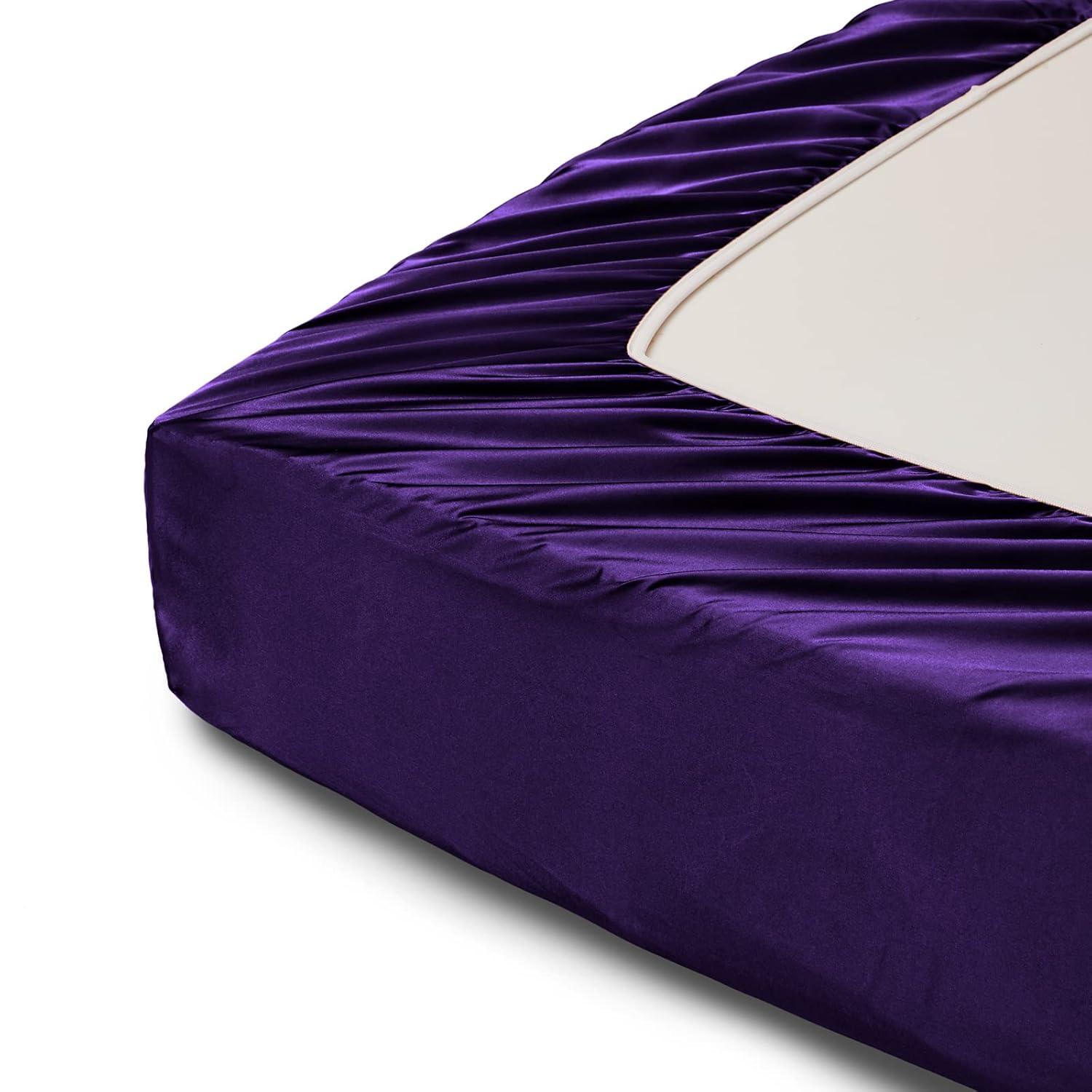 Hight Thread Count Solid Color Soft Silky Charmeuse Satin Luxury and Super Soft Bed Sheet Set (Purple, Queen)