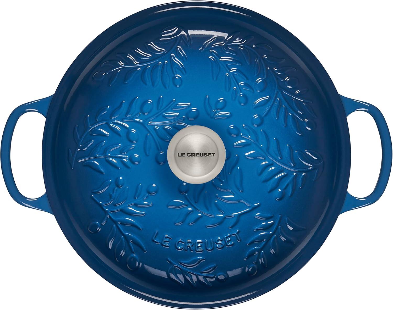 Blue Enameled Cast Iron Round Braiser with Embossed Lid, 3.5 Quarts