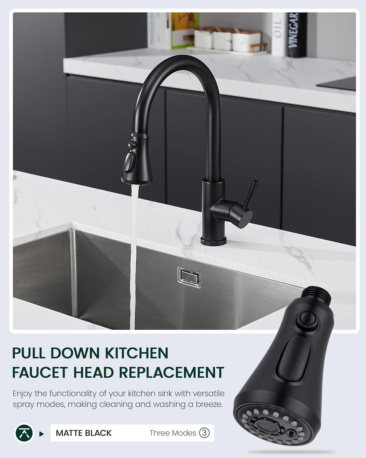 Matte Black 3-Function Kitchen Faucet Spray Head with Adapters