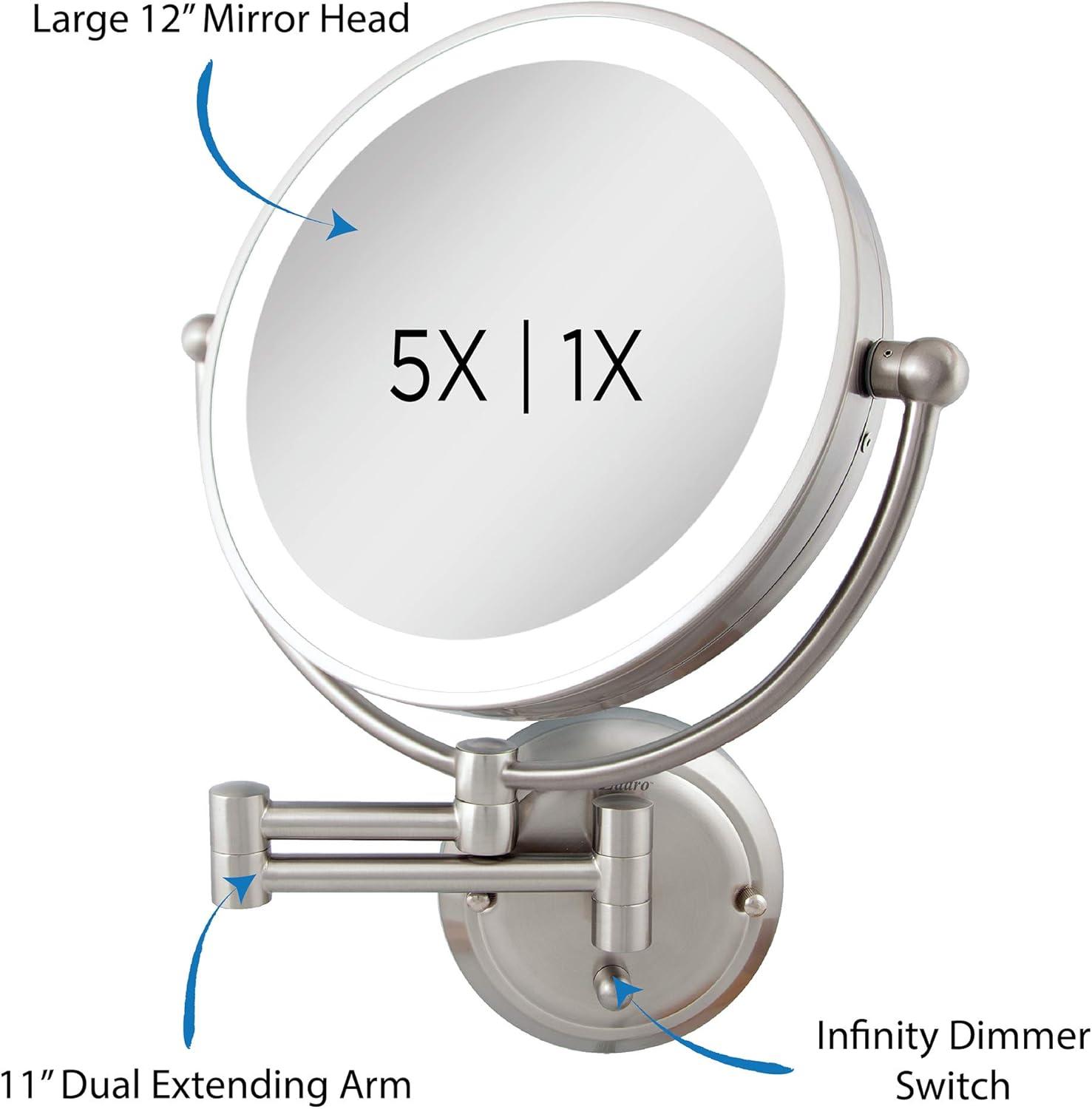 Satin Nickel 14" Dual-Sided 5X/1X Magnifying Wall Mirror with Adjustable Brightness