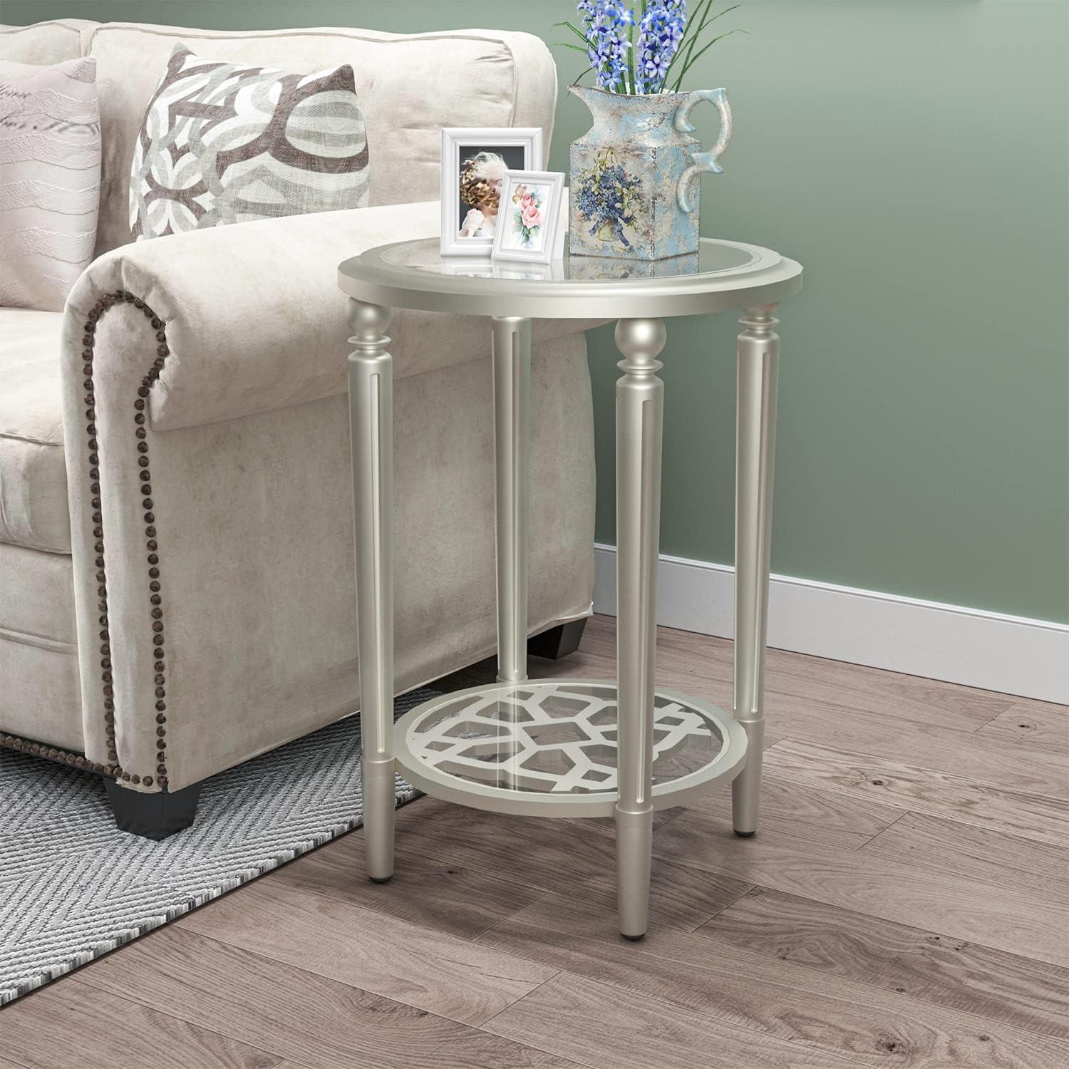 Champagne Round MDF and Glass End Table Set with Storage Shelf