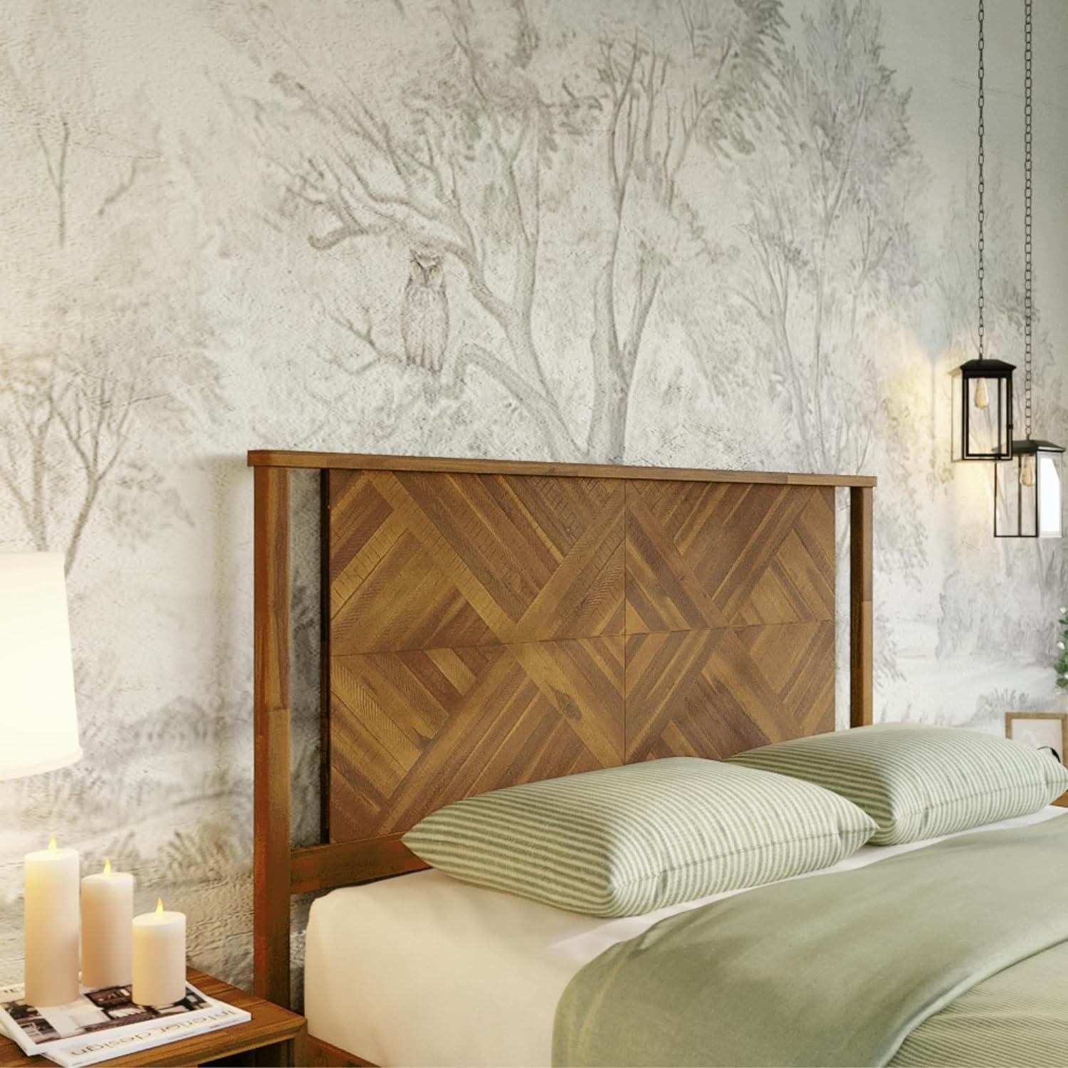 Bme Ethan King Size Diamond Headboard ONLY - Rustic & Mid-Century Modern Style Without Bed Frame - Solid Acacia Wood - Easy Assembly - Rustic Dark Brown