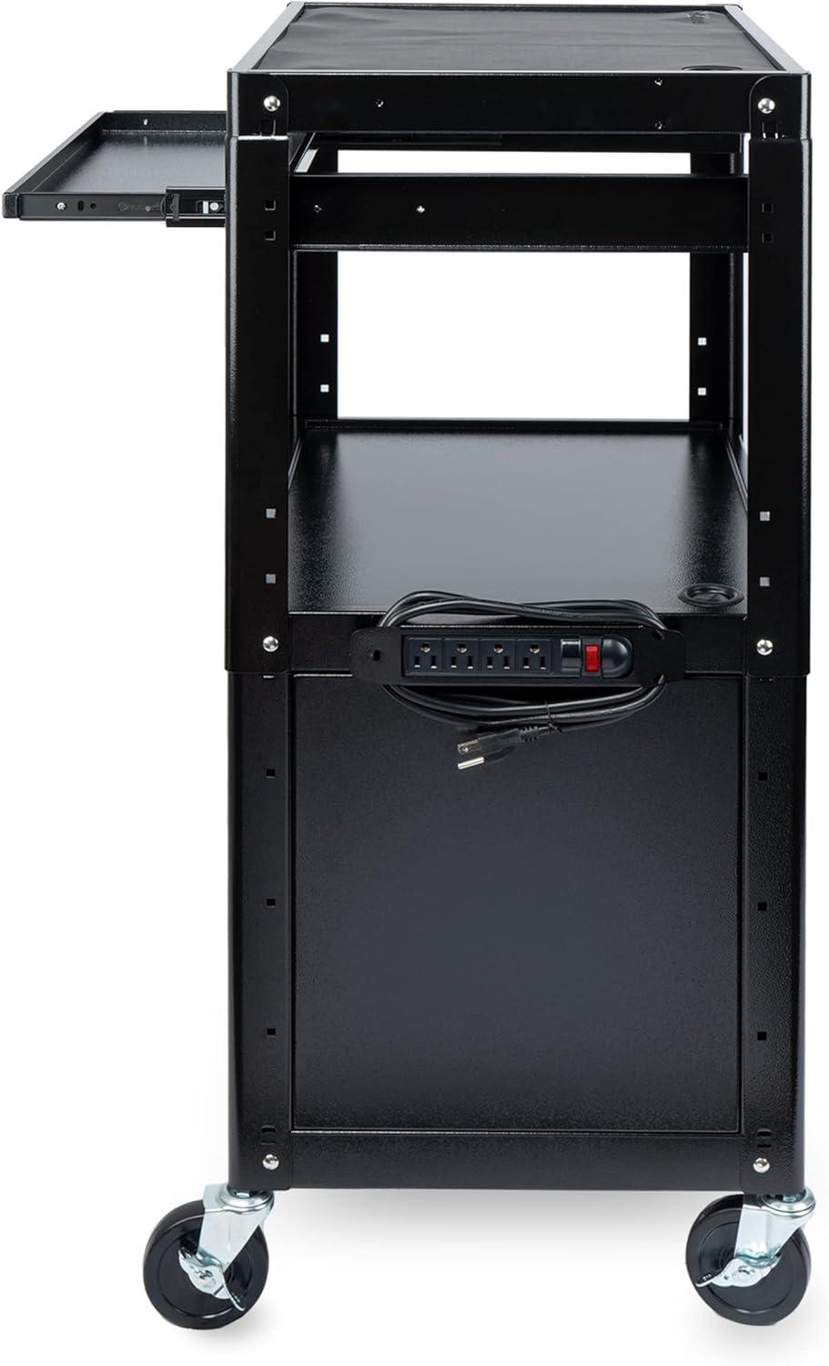 Adjustable Black Steel AV Cart with Locking Cabinet and Power Strip