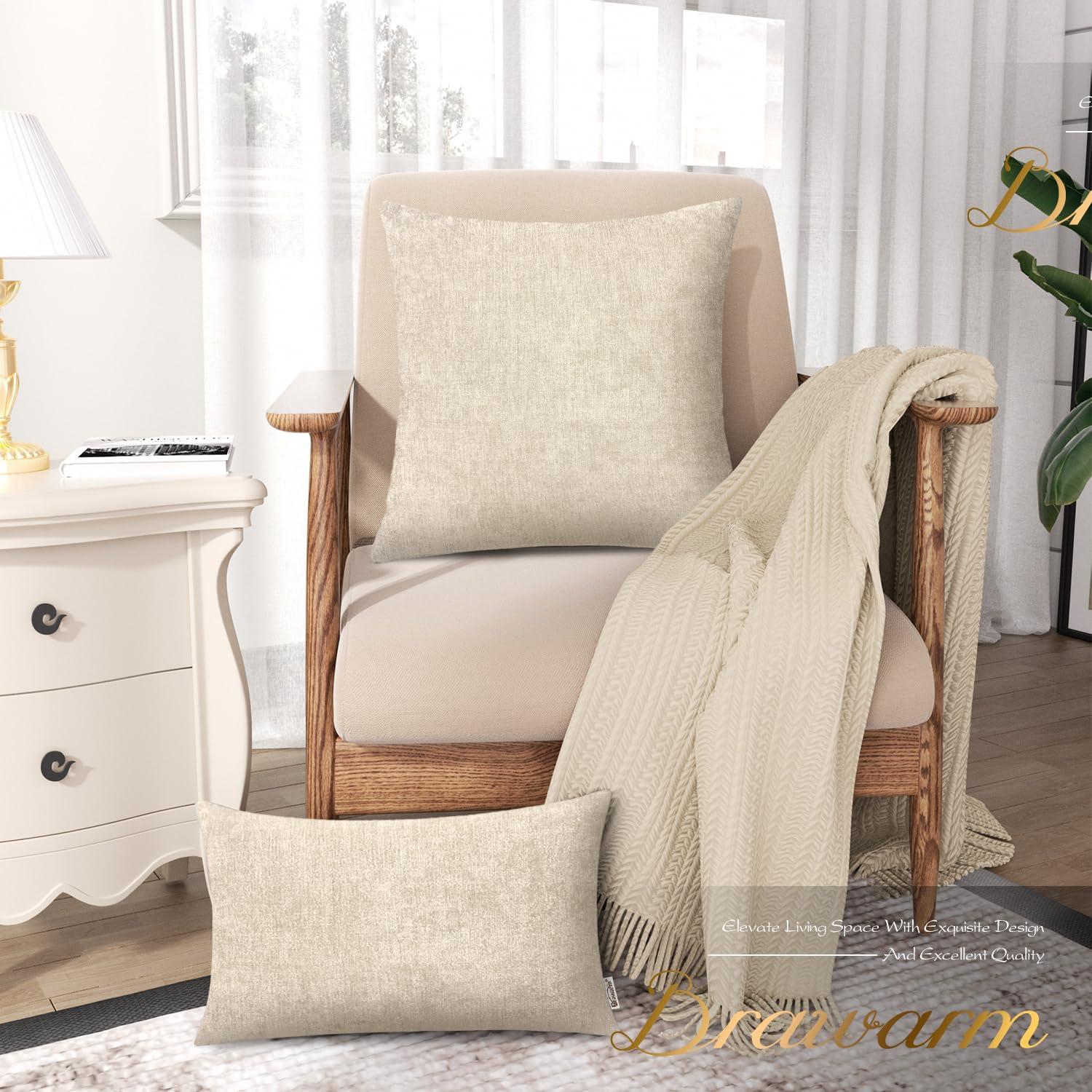 BRAWARM Throw Pillow Covers 12x20 Inches - Cream Chenille Lumbar Pillow Covers Pack of 2, Solid Dyed Soft Chenille Pillow Cases for Couch Sofa Bed Home Decoration