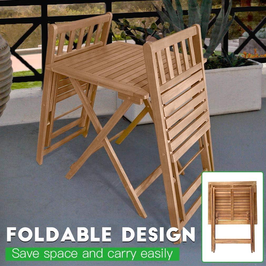 FDW Outdoor Bistro Set with 2 Chairs and Square Table for Pool Beach Backyard Balcony Porch Deck Garden Wooden Furniture, Natural