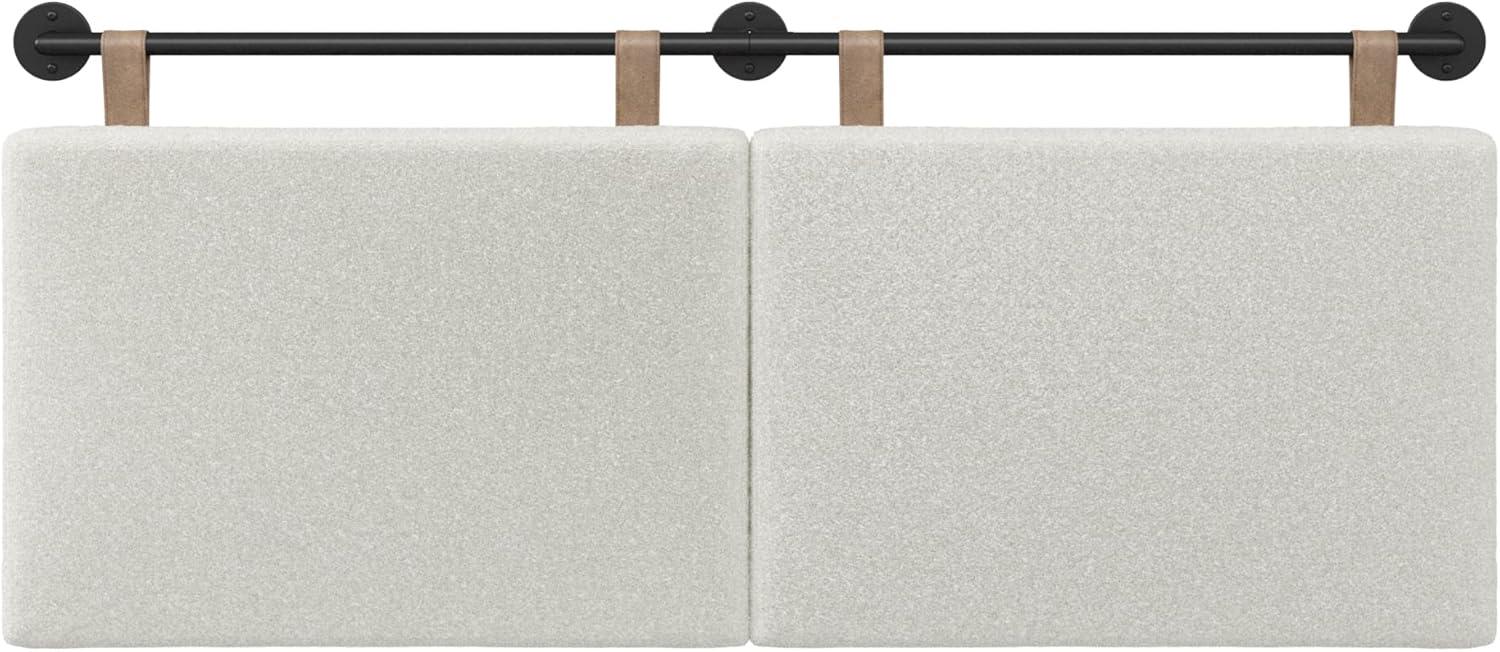 Charlie Queen Size Wall Mount Headboard, Boucle Upholstered Padded Headboard, Adjustable Height Brown Leather Straps with Black Matte Metal Rail, White/Black