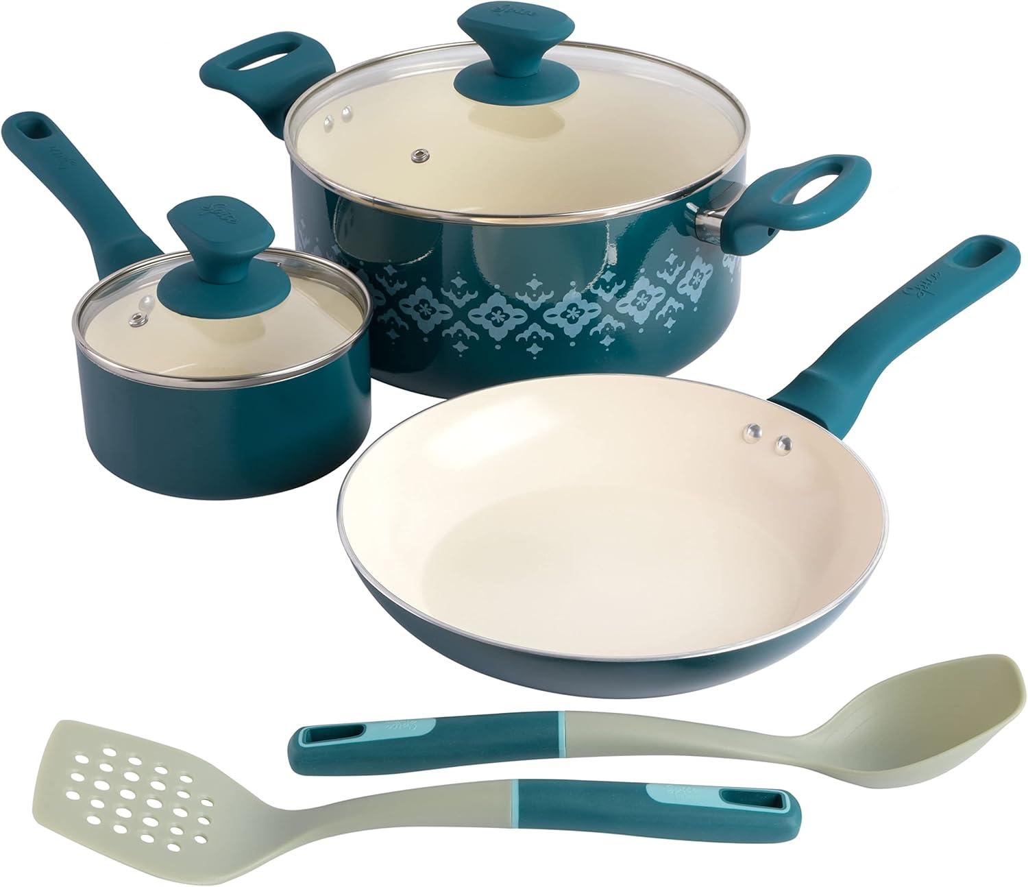 Teal 7-Piece Nonstick Aluminum Cookware Set with Nylon Utensils