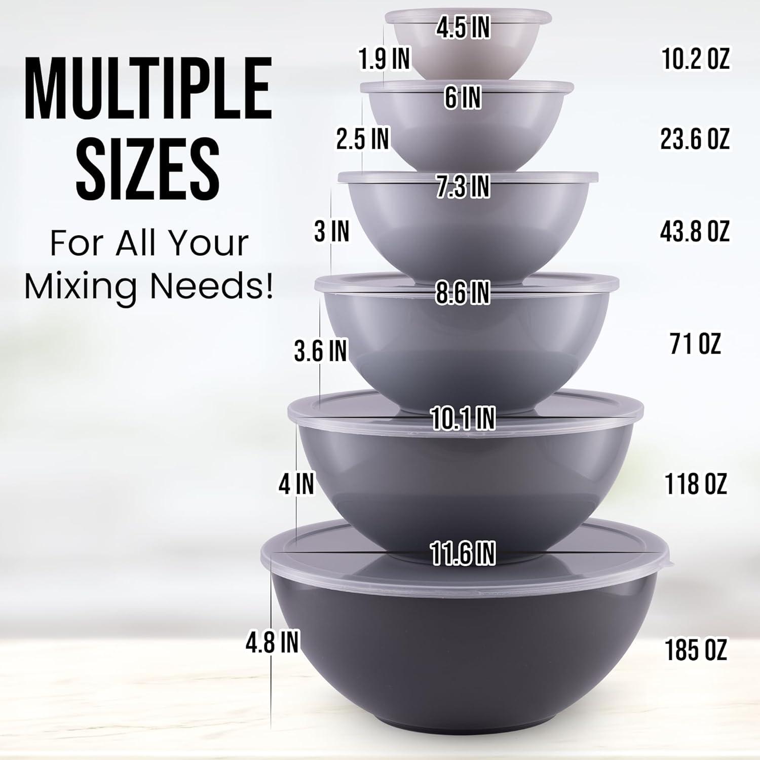 Gray Plastic Nesting Mixing Bowls with Lids, 12-Piece Set