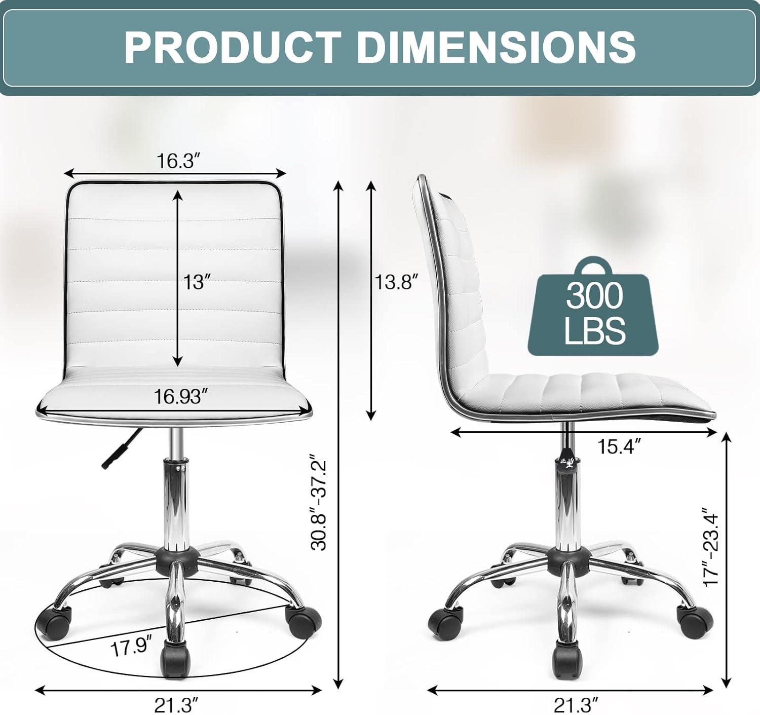 BOSSIN Adjustable Home Office Chair, Mid-Back Armless Ribbed Swivel Task Chair,Vanity Chair for Small Space, Living Room, Make-up, Studying (White)