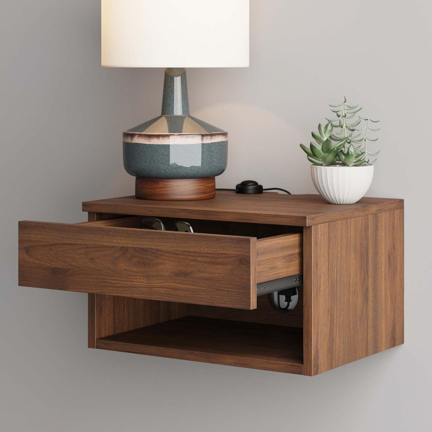 Walnut Floating Nightstand with Drawer and Open Shelf