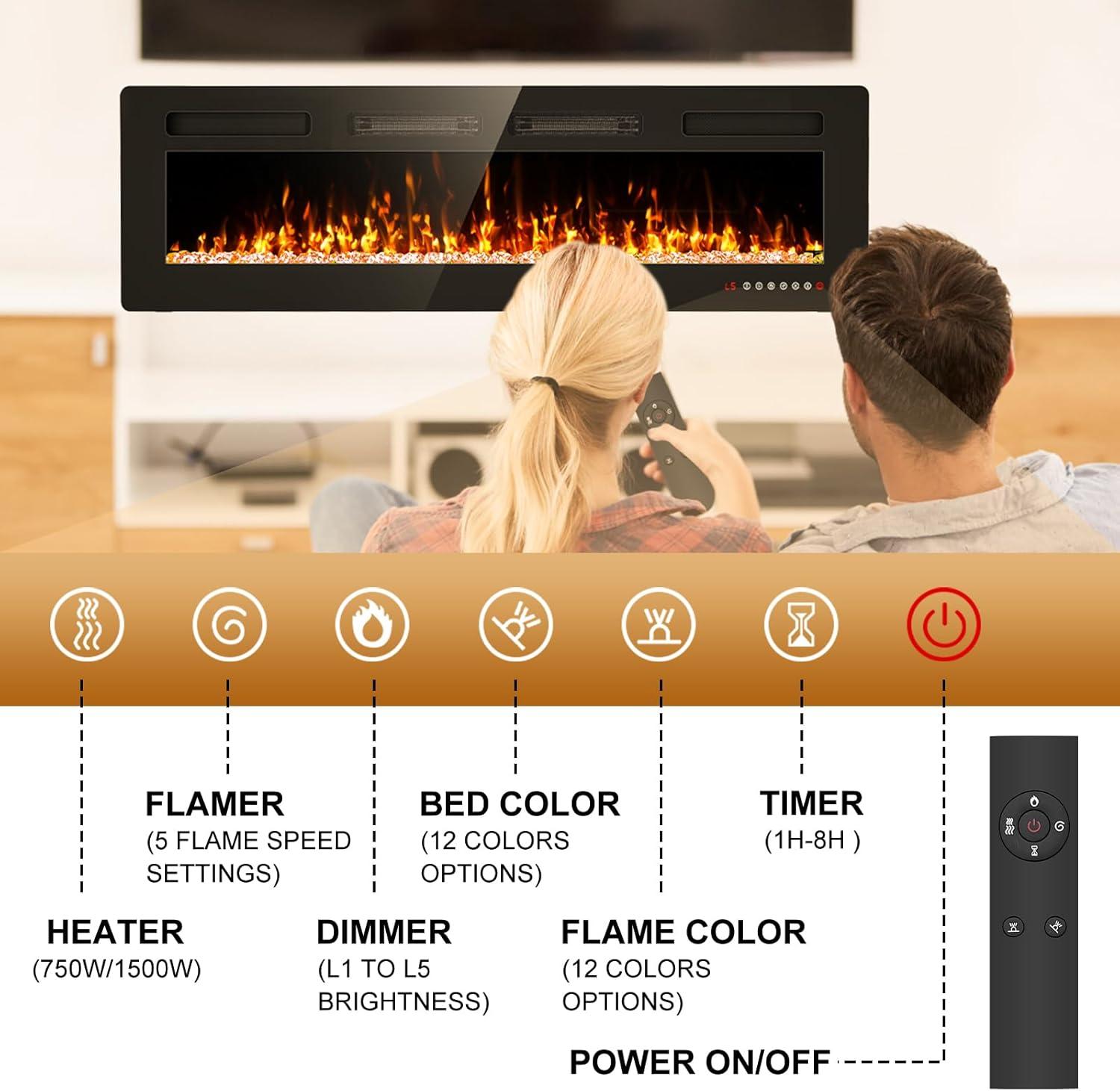 Ultra-Thin Black Glass Wall Mounted Electric Fireplace 50 Inch