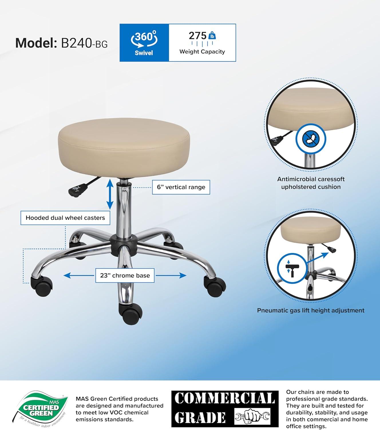 Boss Office & Home B240-BG Transitional Adjustable Upholstered Medical Stool, Beige