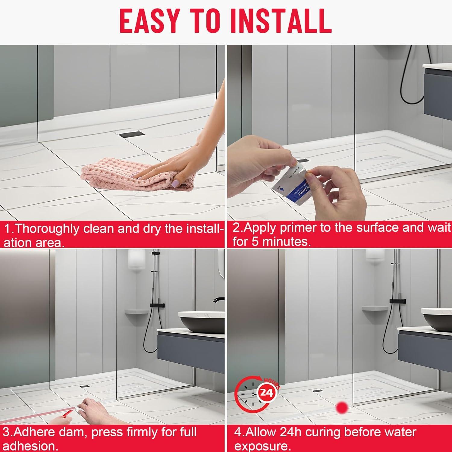 Shower Threshold Water Dam Guard - Self-Adhesive Silicone Waterproof Barrier, Leak-Proof, Flexible, Easy Installation, Customizable Length for Showers, Bathtubs, Sinks, and Countertops by Hzetuu