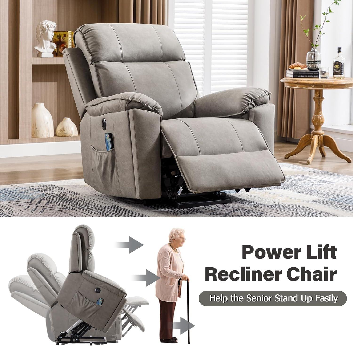 Phoenix Home Large Power Lift Recliner with Massage and Heat for Elderly, Heavy Duty & Safety Motion Reclining Mechanism, Ergonomic Electric Wider Chair with USB Port, 2 Hidden Cup Holders, Brown2
